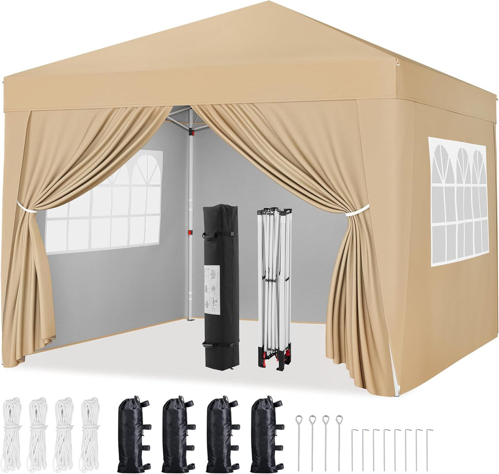 Yaheetech 10x10 Pop Up Canopy with 4 Removable Sidewalls, Portable Enclosed Instant Tent, Waterproof Outdoor Tent, Beach Sun Shelter with 4 Sandbags, 12 Stakes & 4 Ropes, Khaki