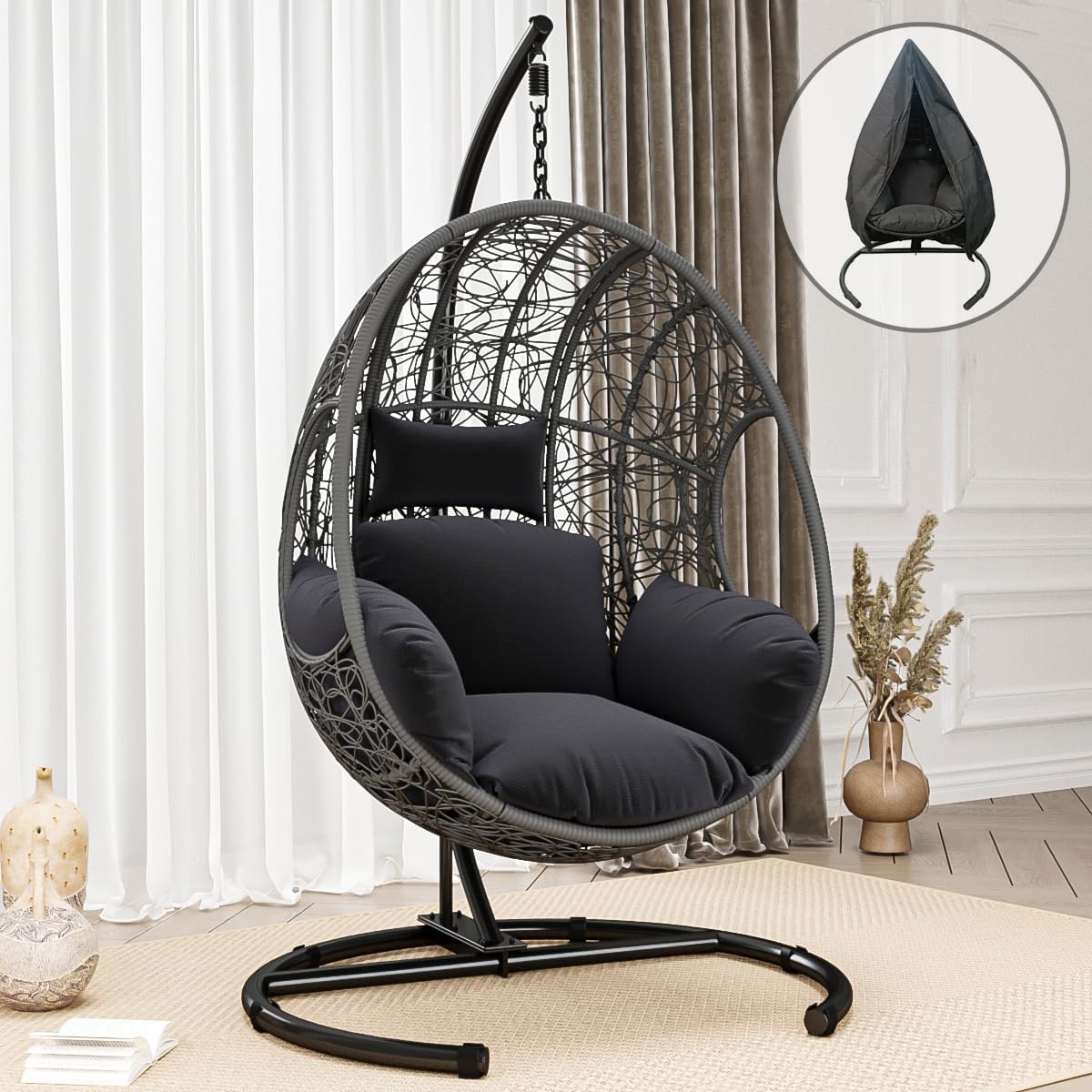 Hanging Egg Chair with Stand - Egg Swing Chair Outdoor Indoor Patio Wicker Chair Swing Hammock Egg Chairs 400lbs Capacity for Outside Patio, Bedroom, Garden and Balcony (Grey-nest, 2P)