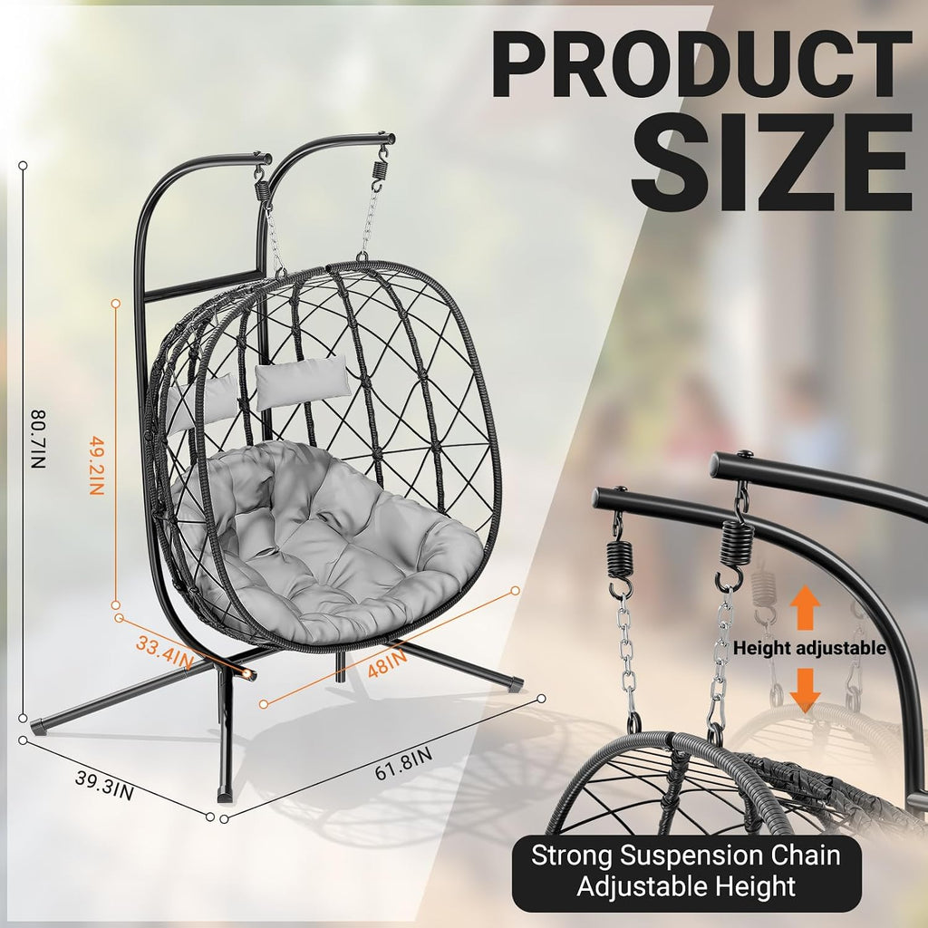CHABATREE Double Egg Swing Chair with Stand - 2 Person Outdoor Patio Hanging Wicker Hammock Chair with Cushion, Dark Grey, for Garden, Lawn, Bedroom, Indoor/Outdoor Use