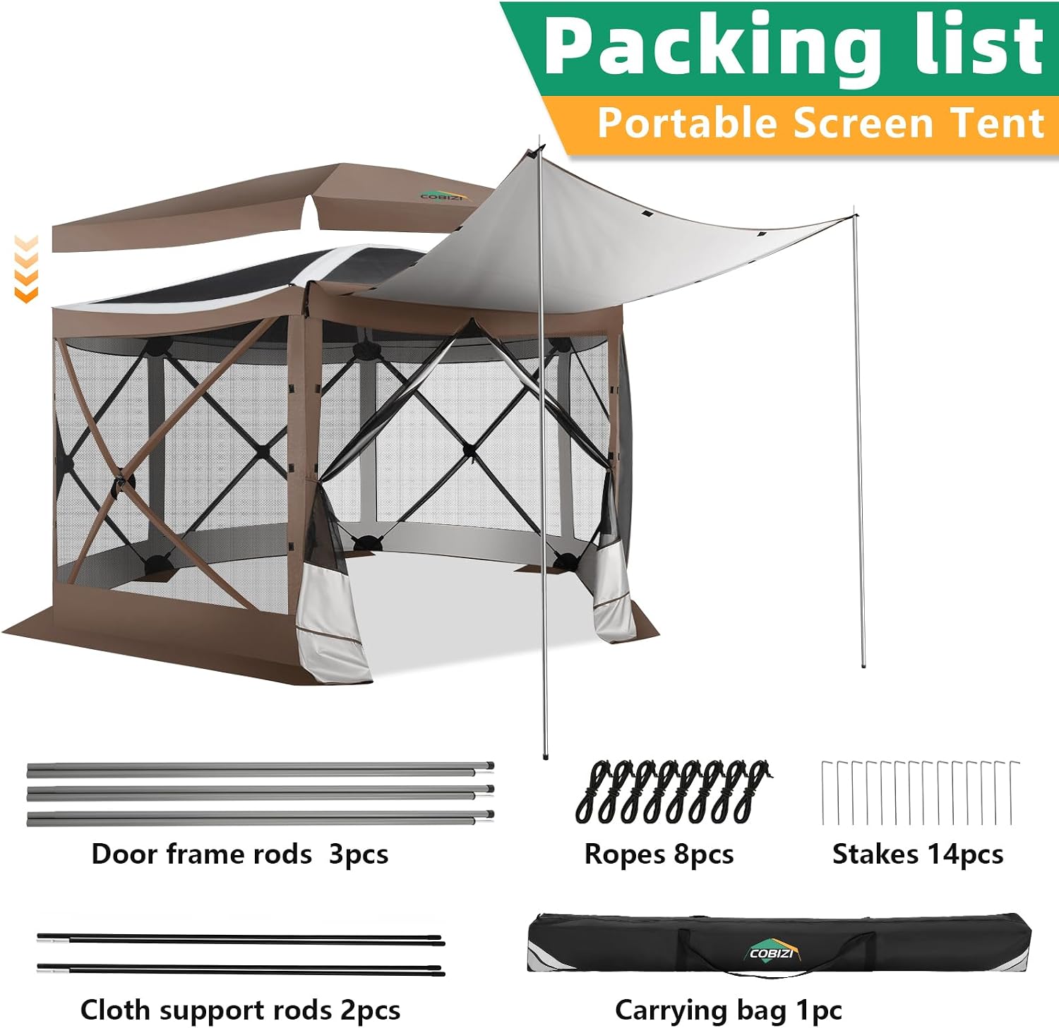 COBIZI Pop Up Gazebo Screen Tent Screen House for Camping, 12x12 Screen Room with Mosquito Netting, Hub Tent Instant Screened Canopy with Carrying Bag and Ground Stakes, Brown