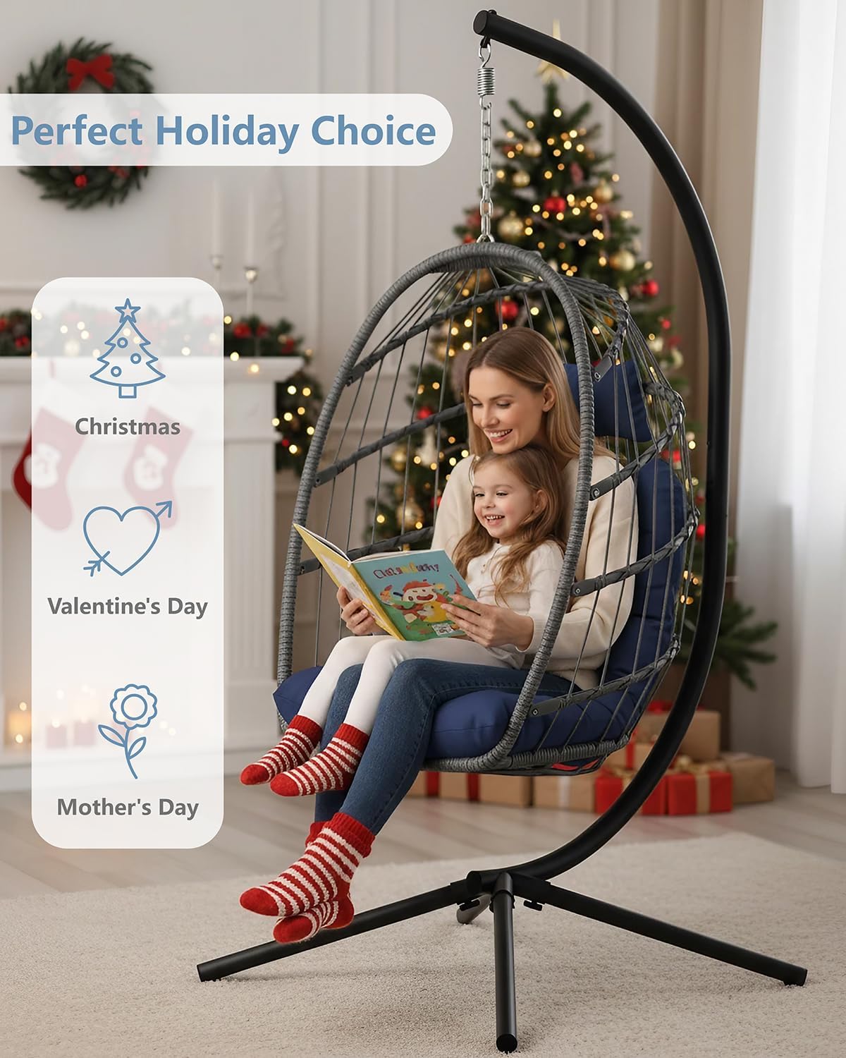 SWITTE Egg Chair Outdoor with Stand, Indoor Wicker Hanging Egg Swing Chair with Cushion, 350lbs Capacity for Patio, Bedroom, Garden - Dark Blue