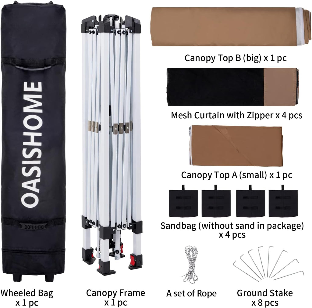 OASISHOME Pop-up Gazebo Portable Instant Canopy Tent 12x12, One-Push Locking System, with 4 Mesh Sidewall, Wheeled Bag, for Patio/Backyard/Outdoor/Parties/Events (Khaki,12FTx12FT)