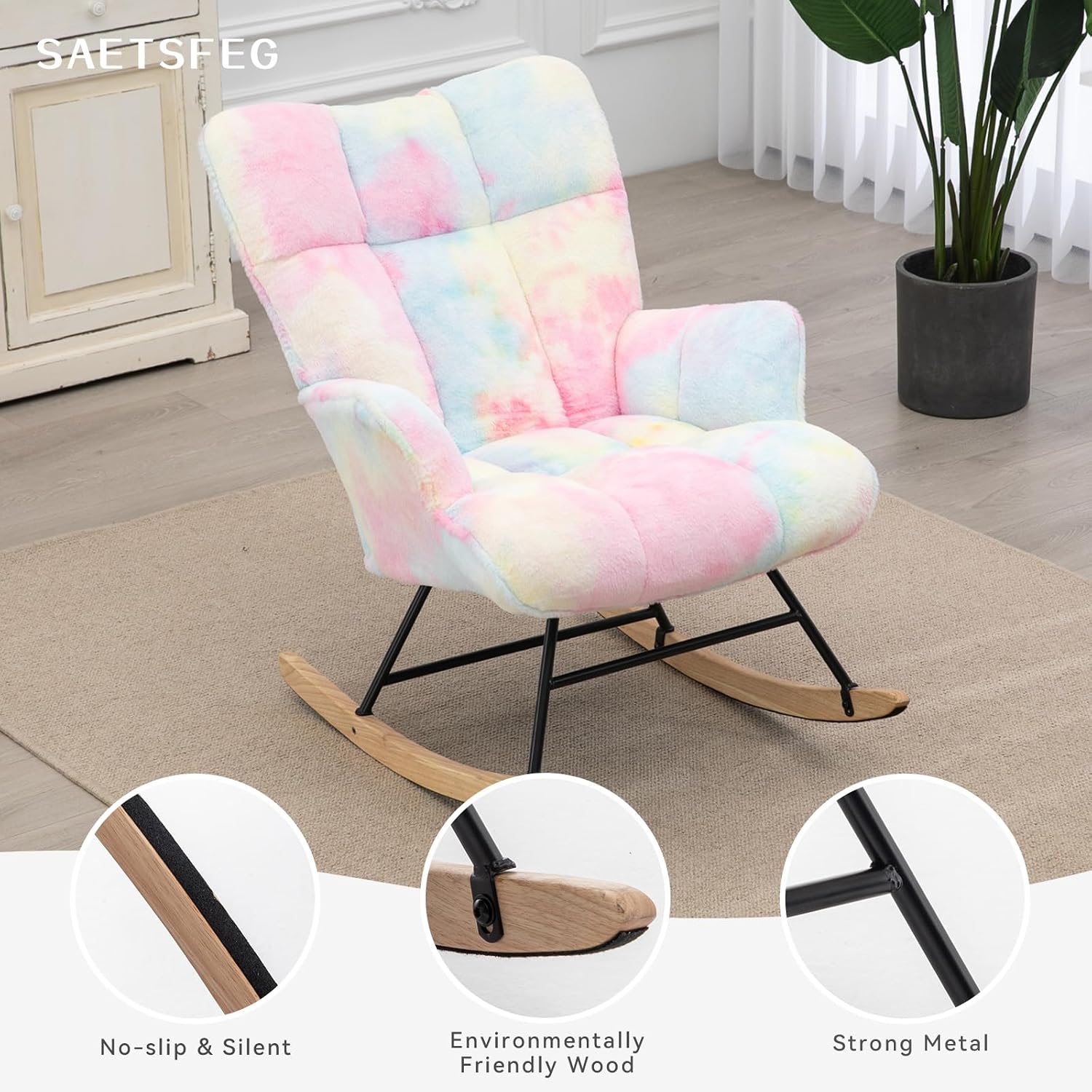 SAETSFEG Nursery Rocking Chair Teddy, Upholstered Glider Rocker with High Backrest, Comfortable Stylish Accent Armchair with Padded Seat for Living Rooms, Bedrooms, Offices, Colorful