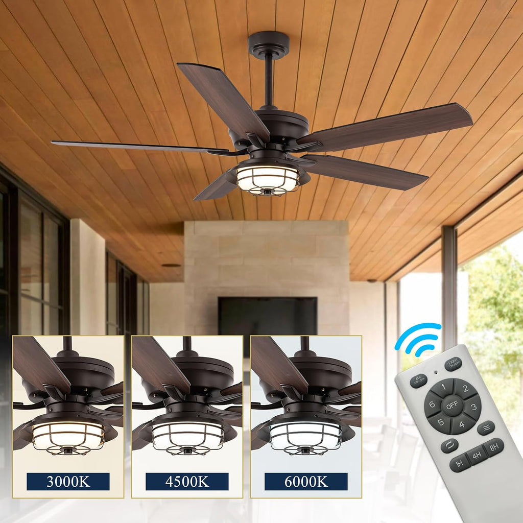 NORFOLK Outdoor Ceiling Fans with Lights and Remote, Waterproof 60 Inch Ceiling Fan with 3 Color LED Light for Patios, Gazebos, and Indoor, Wet Rated Farmhouse Modern Style