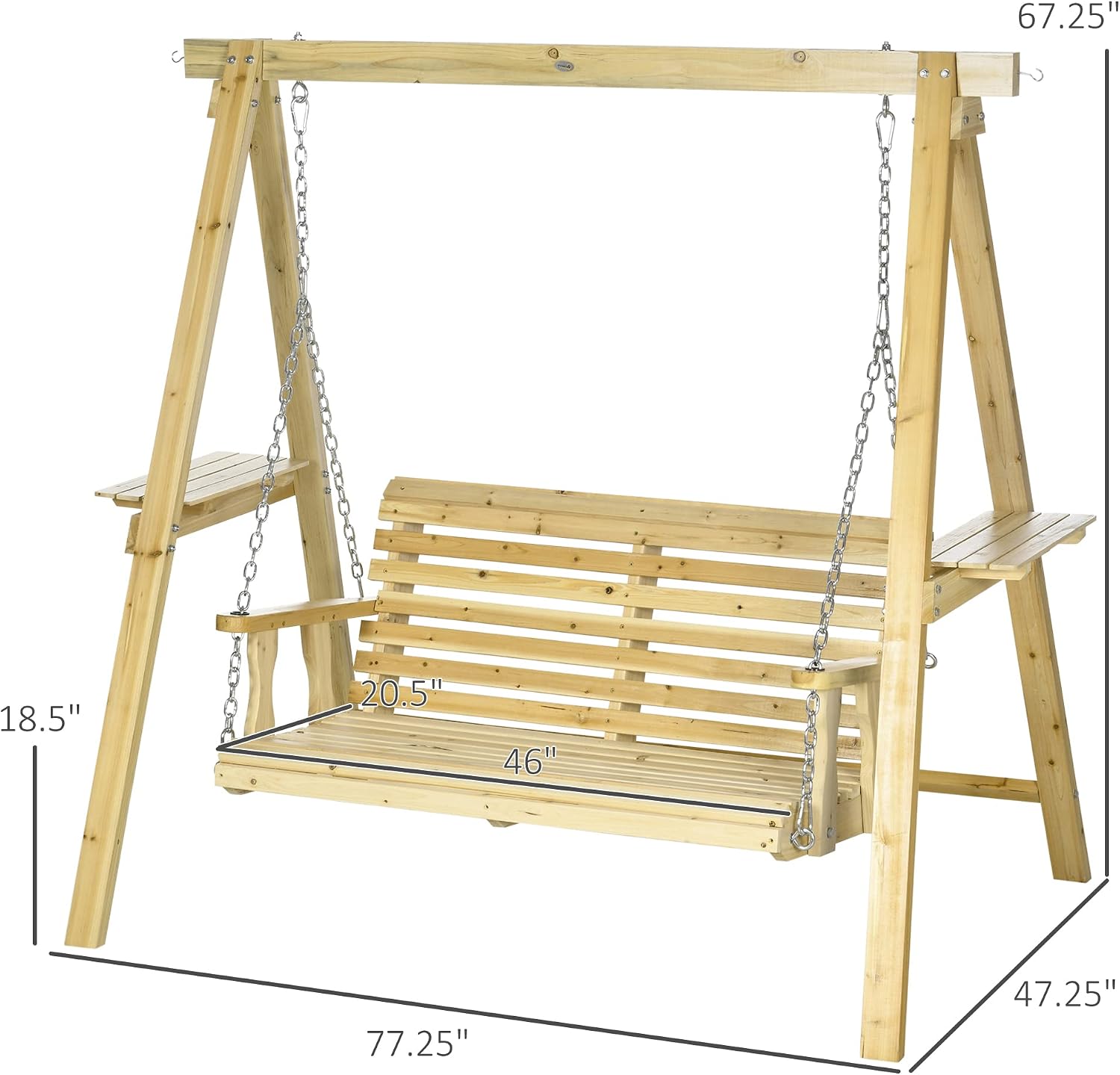 Outsunny 2-Seat orch Swing with Stand, Wooden Patio Swing Chair with Side Tables and Metal Chains, Outdoor Hanging Bench for Garden, Poolside, Backyard, Natural Wood