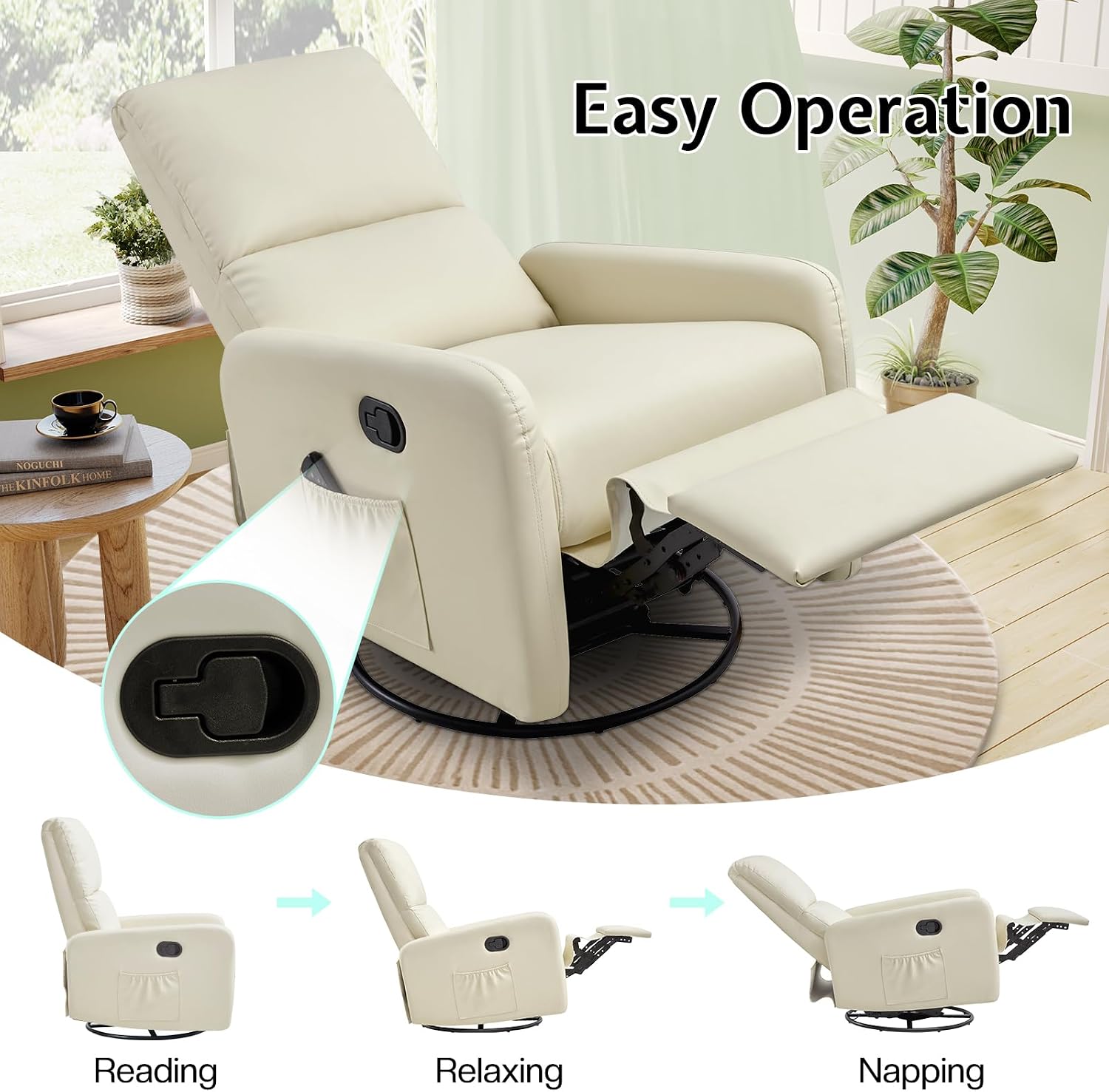 Jocisland Nursery Glider Chairs, Swivel Rocking Chair, Massage Rocker Recliner with High Back for Living Room Bedroom, Comfy Upholstered Modern Nursing Reclining Single Sofa, White Teddy