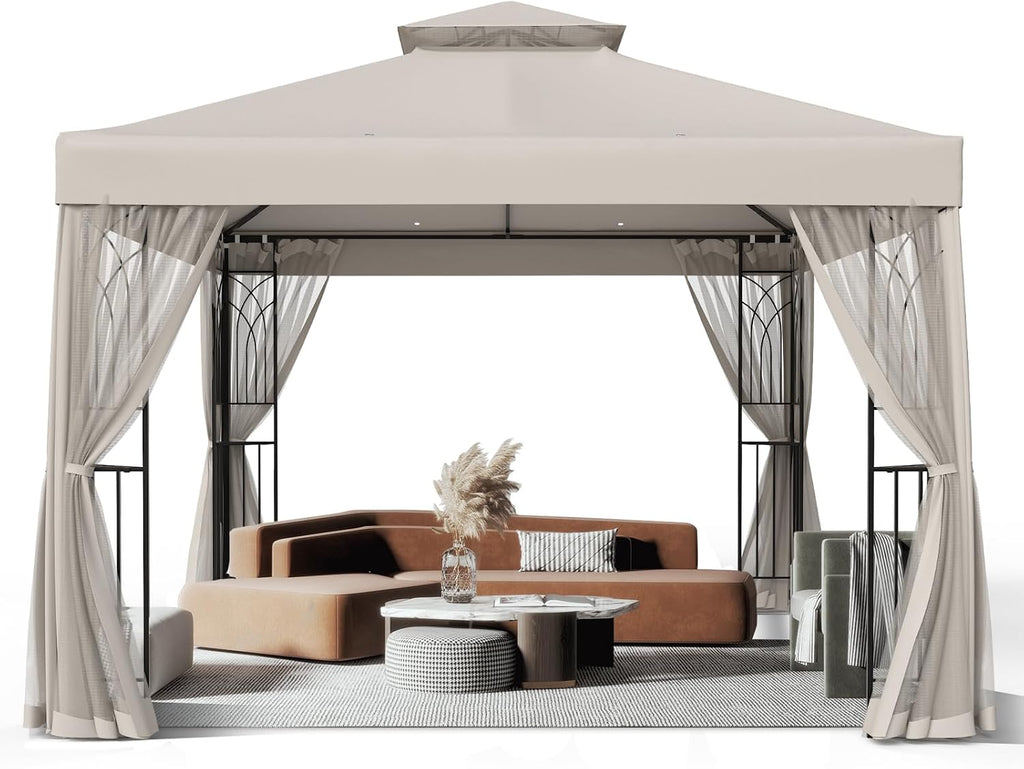 10x10 Outdoor Gazebo Tent with Netting and Corner Shelves, Double Roof Patio Gazebo with Soft Fabric Top, Outdoor Pavilion for Backyard Patio Garden Lawn, Beige