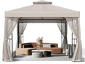 10x10 Outdoor Gazebo Tent with Netting and Corner Shelves, Double Roof Patio Gazebo with Soft Fabric Top, Outdoor Pavilion for Backyard Patio Garden Lawn, Beige