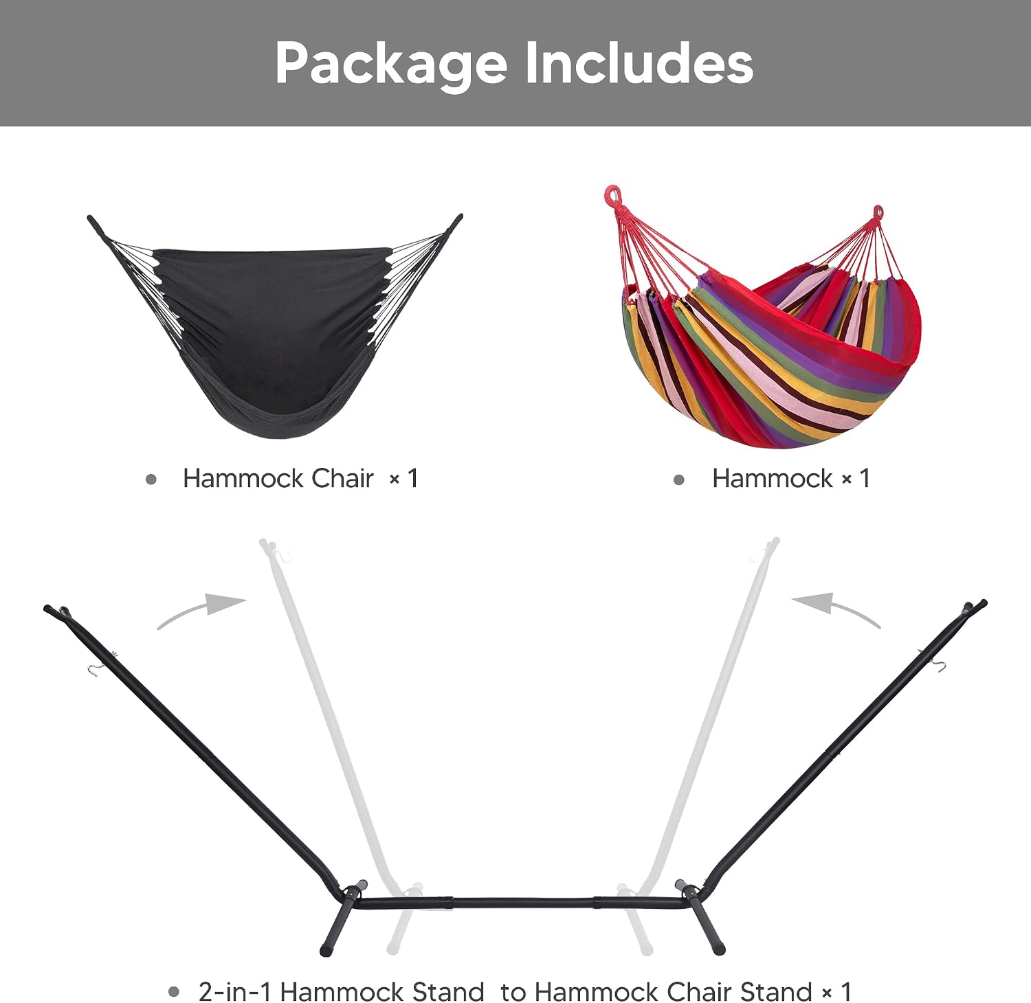 SUNCREAT 2-in-1 Convertible Backyard Fabric Hammock with Stand, Large Hammocks for Outside, Red Stripes