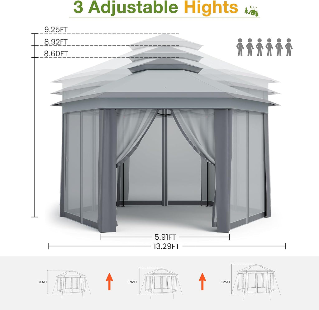 13x13 Pop Up Gazebo Outdoor Hexagonal Canopy Tent with Mosquito Netting Sides Instant Patio Canopy Shelter, Rain & UV Resistant PA Coated Fabric, for Patios, Garden, Parties, Lawns Backya