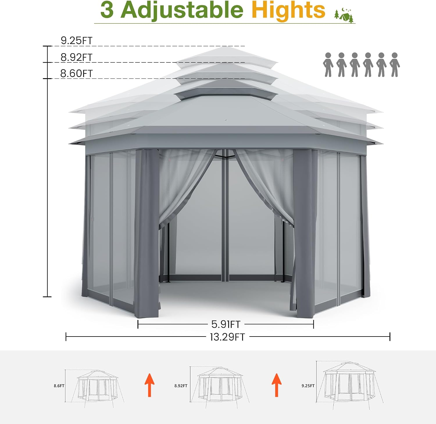 13x13 Pop Up Gazebo Outdoor Hexagonal Canopy Tent with Mosquito Netting Sides Instant Patio Canopy Shelter, Rain & UV Resistant PA Coated Fabric, for Patios, Garden, Parties, Lawns Backya