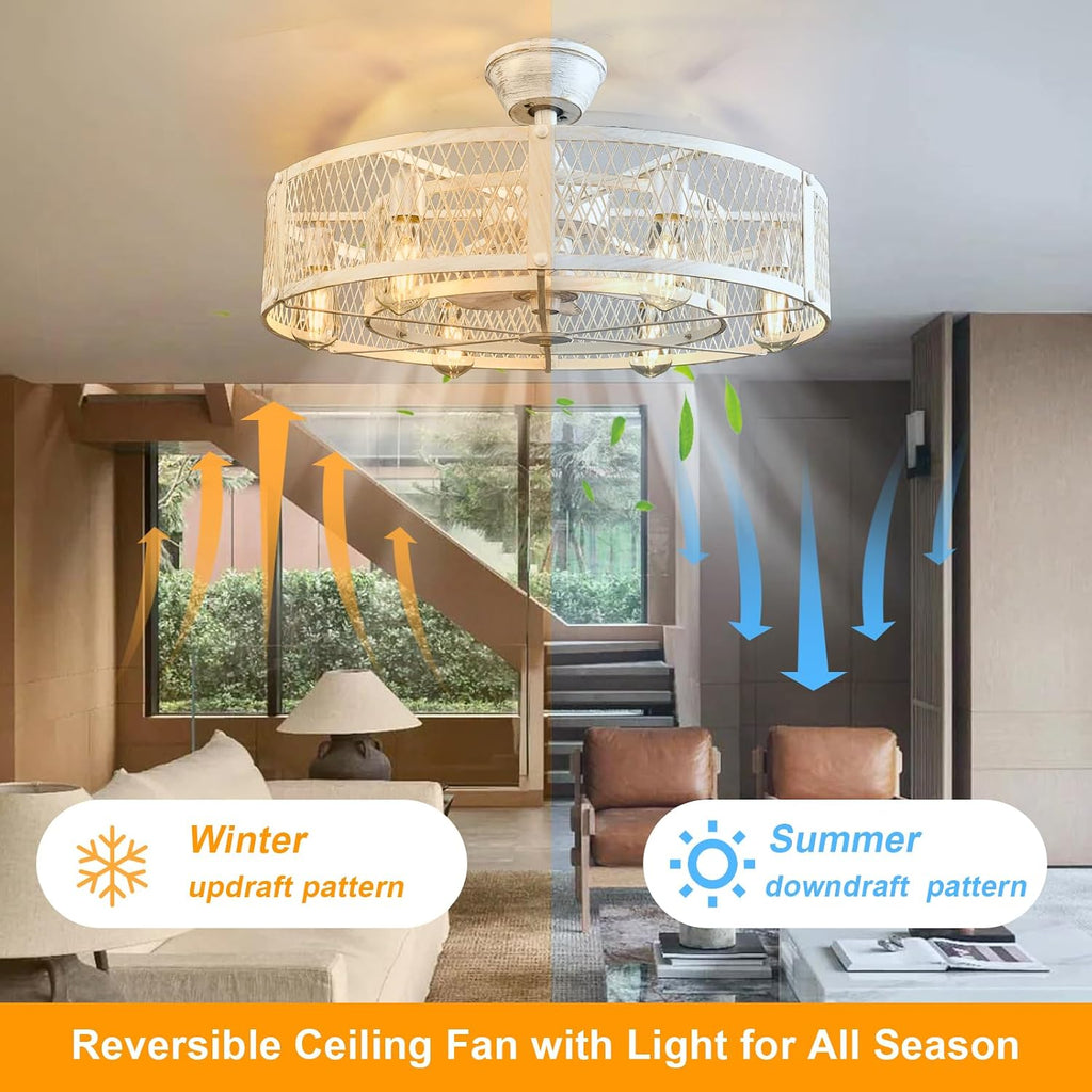 Depuley Outdoor Ceiling Fan with Light: 26' Caged Ceiling Fans with Remote Control for Patio Kitchen Bedroom - Farmhouse Fandelier Flush Mount Lights Fixture Reversible 6 Speed Timer Cement