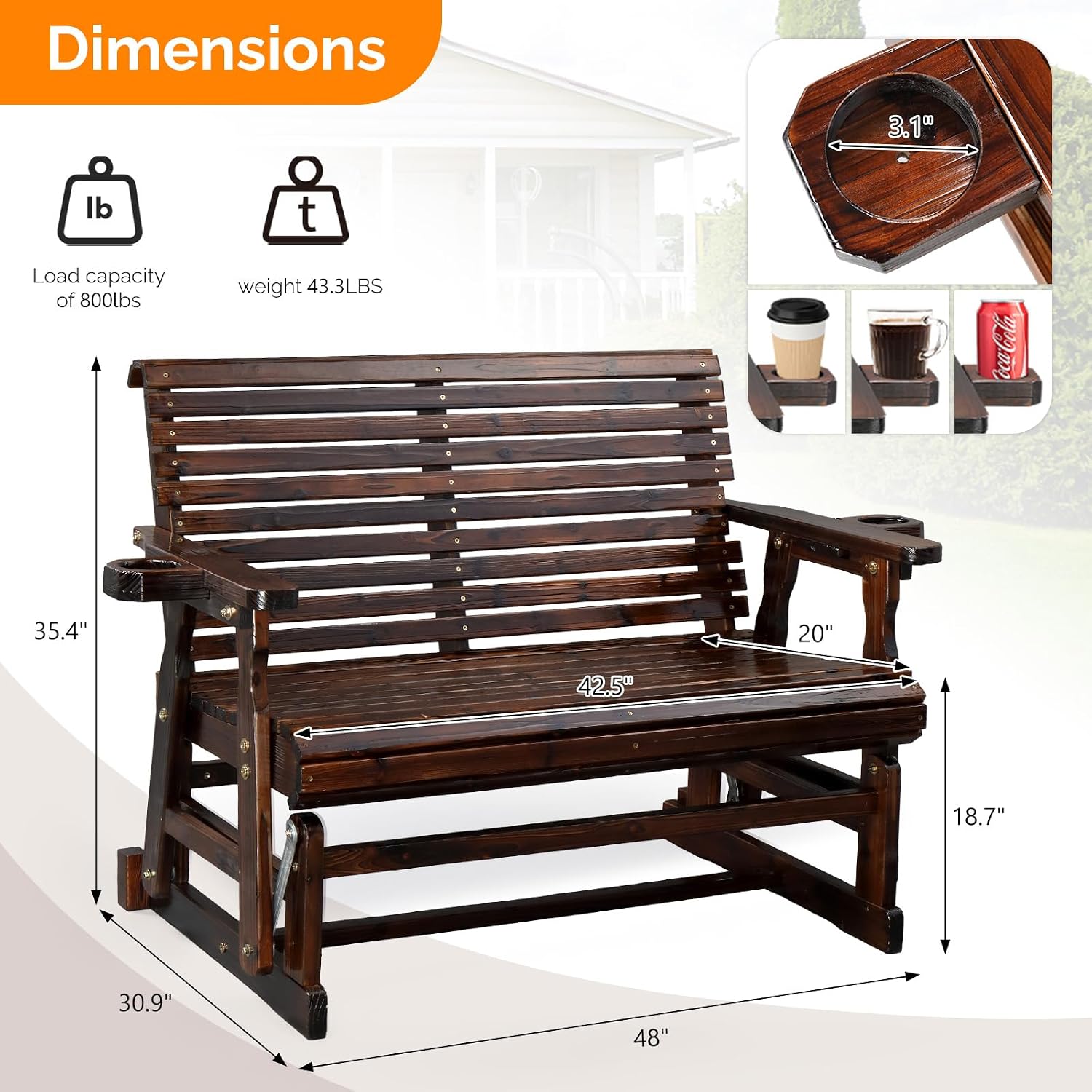 VINGLI Outdoor Glider Wood Patio Chair with Cup Holders, Outdoor Bench Glider Loveseat with Smooth Rocking Mechanism, Heavy Duty 800 LBS, Rustic