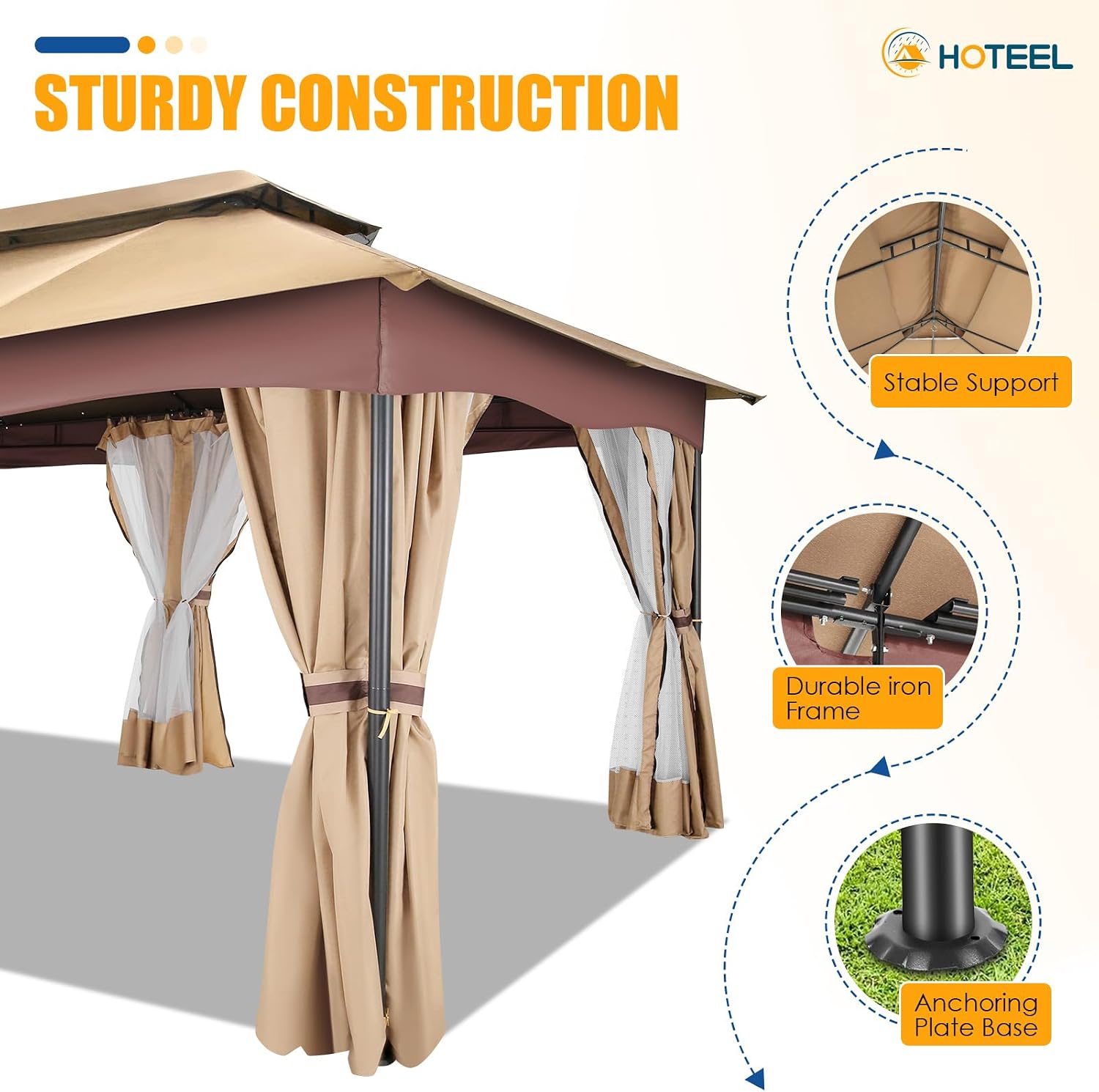 HOTEEL Gazebo 12x20, Outdoor Gazebo on Clearance with Double Ventilated Arc Roof, Privacy Curtains & Mosquito Netting, Easy Set up Canopy Tent with Stable Metal Frame for Patio, Khaki (Windproof)