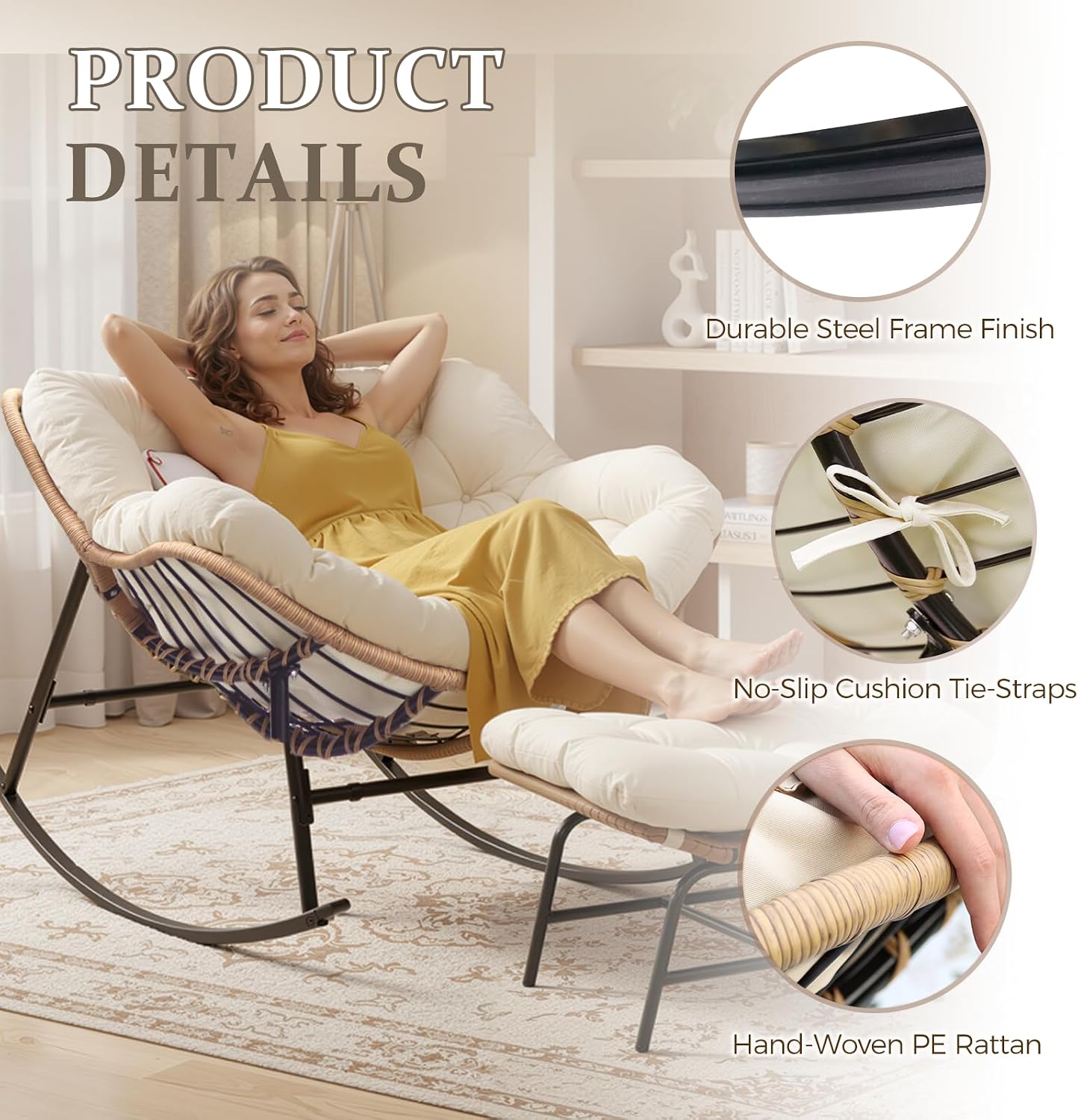 FINCATI Patio Papasan Rocking Chair with Ottoman Set of 2, Outdoor Indoor Egg Chair with Footrests and Cushion, 450 lbs Heavy Duty Comfy Rattan Rocker for Balcony Backyard Bedroom Lawn Brown