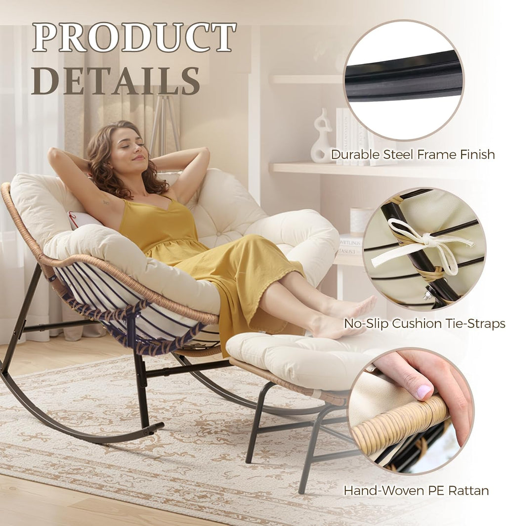 FINCATI Papasan Rocking Chair Indoor Outdooor, Oversized Wicker Recliner with Cushion and Frame, 450 lbs Heavy Duty Large Lounge Egg Chairs, Comfy Patio Rocker for Balcony Porch Garden Living Room