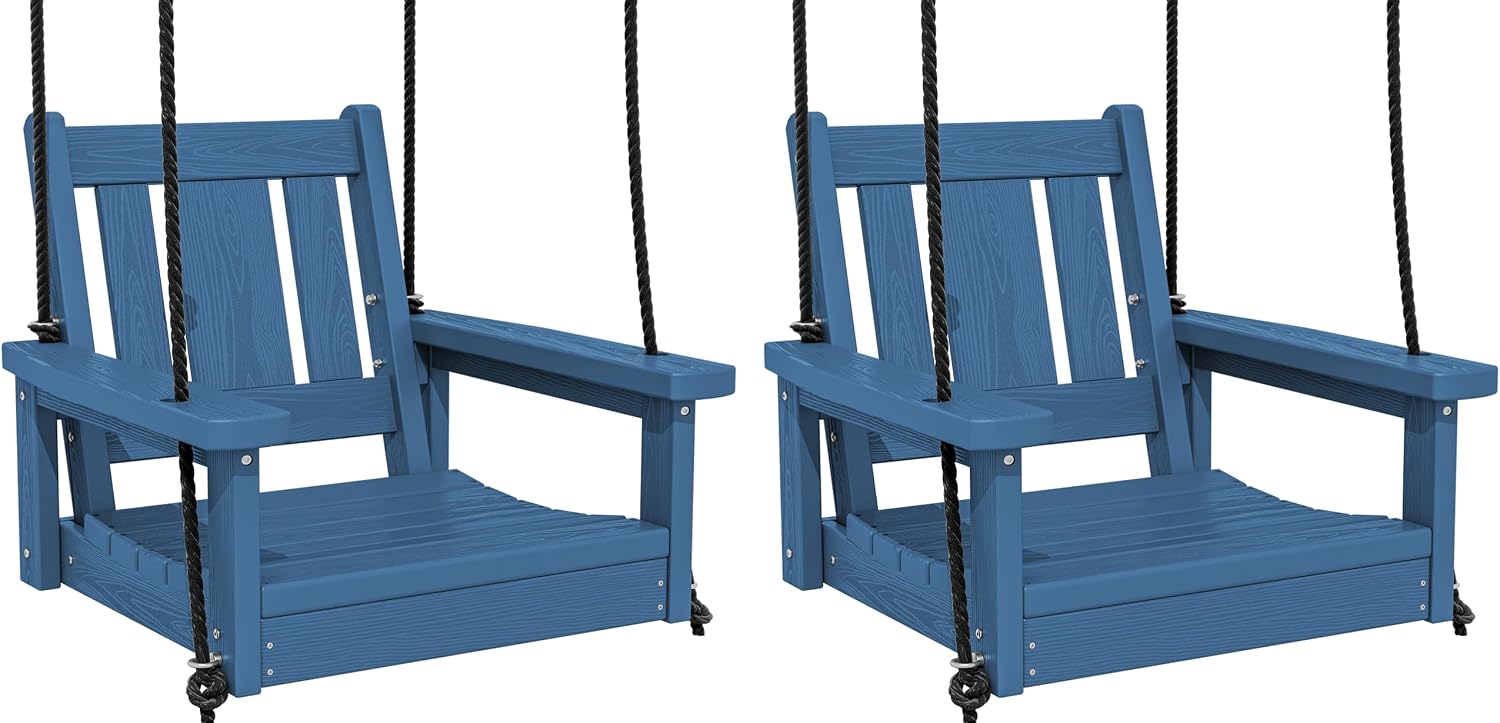 SERWALL HDPE Single Porch Swing Set of 2, Heavy Duty Single Person Swing Chair with 2 Polypropylene Hanging Ropes, Adirondack Hanging Chair for Outdoor Front Porch Patio Garden Yard, Blue