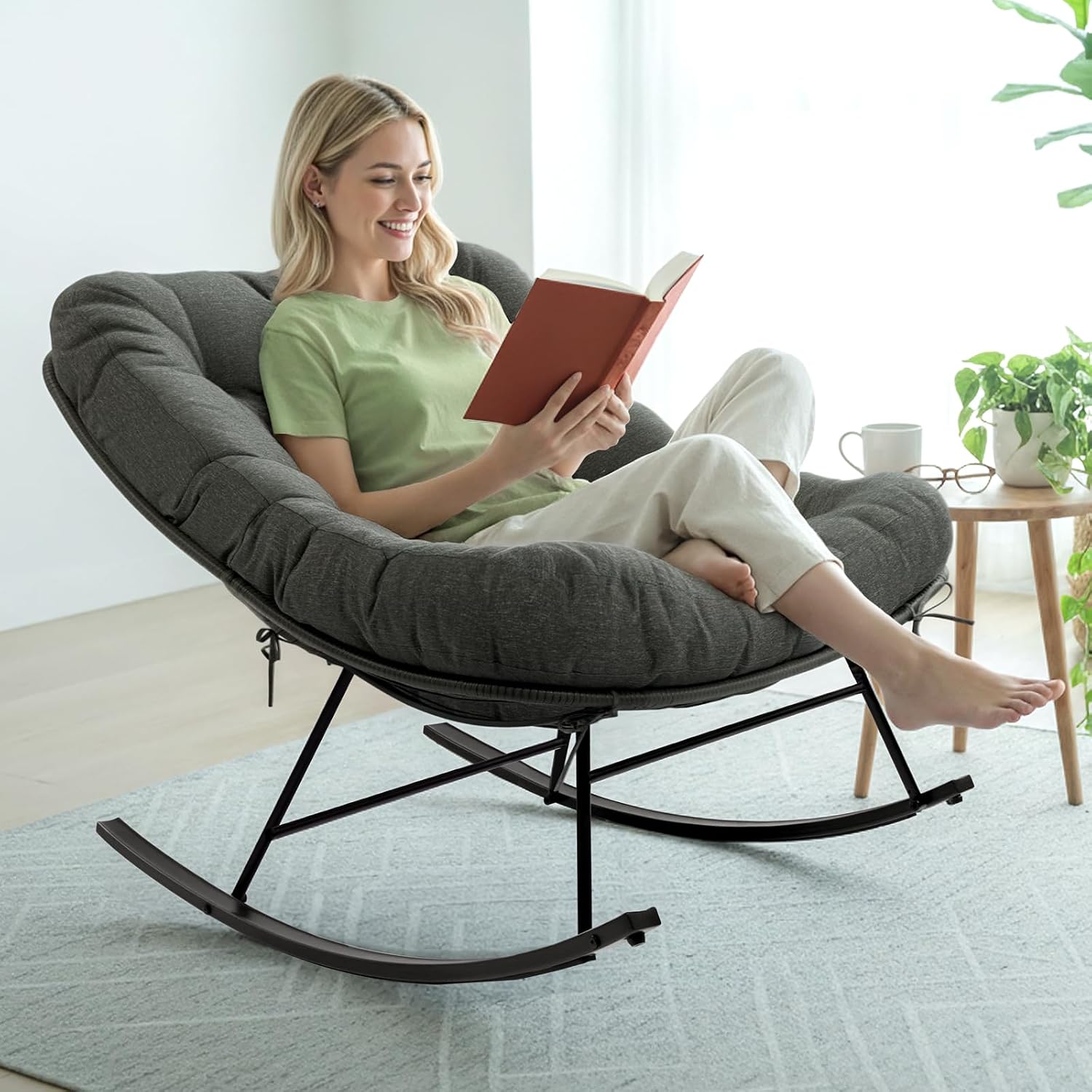 Bme Patio Rocking Chair Outdoor and Indoor, Modern Metal Lounge Rocker with Thick 7'' Cushion, 400lbs Capacity, Ergonomic Design, Easy Assembly, Grey Cushion - Black Matte Rocker