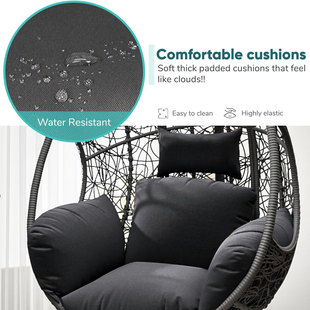 JOYBASE Hanging Egg Chair with Stand, Oversized Patio Swing Chair with Stand and Cushion, Hammock Wicker Rattan Lounge Chair for Indoor Outdoor Backyard Garden (Dark Grey)