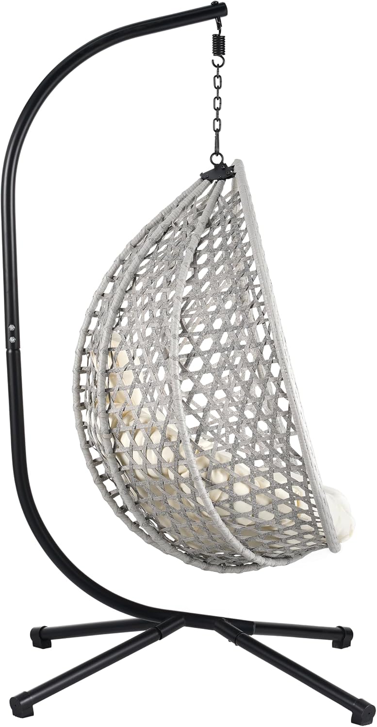 Sturdy Hammock Chair with Stand, Durable Hanging Egg Chair with Rattan Weaving,Comfortable Indoor Outdoor Swing Chairs with Soft Removable Cushion,Suitable for Balcony, Bedroom,or Garden, Gray+Beige