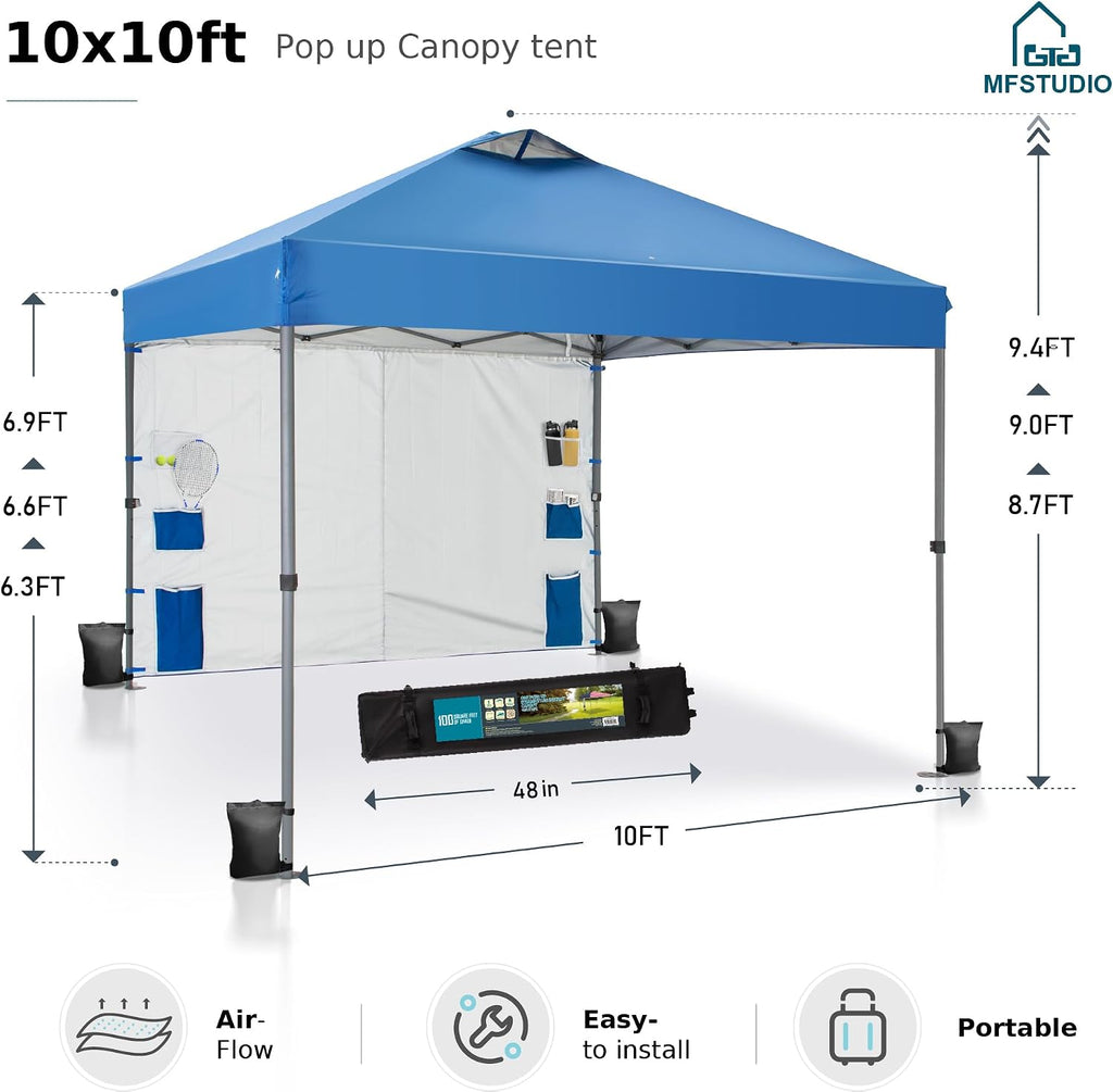 MFSTUDIO 10x10 Pop up Canopy Tent, Gazebo Shelter Sun Shade Canopies One Push Setup Portable Popup Tents with Vented Top,1 Storage Sidewall,4 Sandbags,for Beach,Parties,Camping