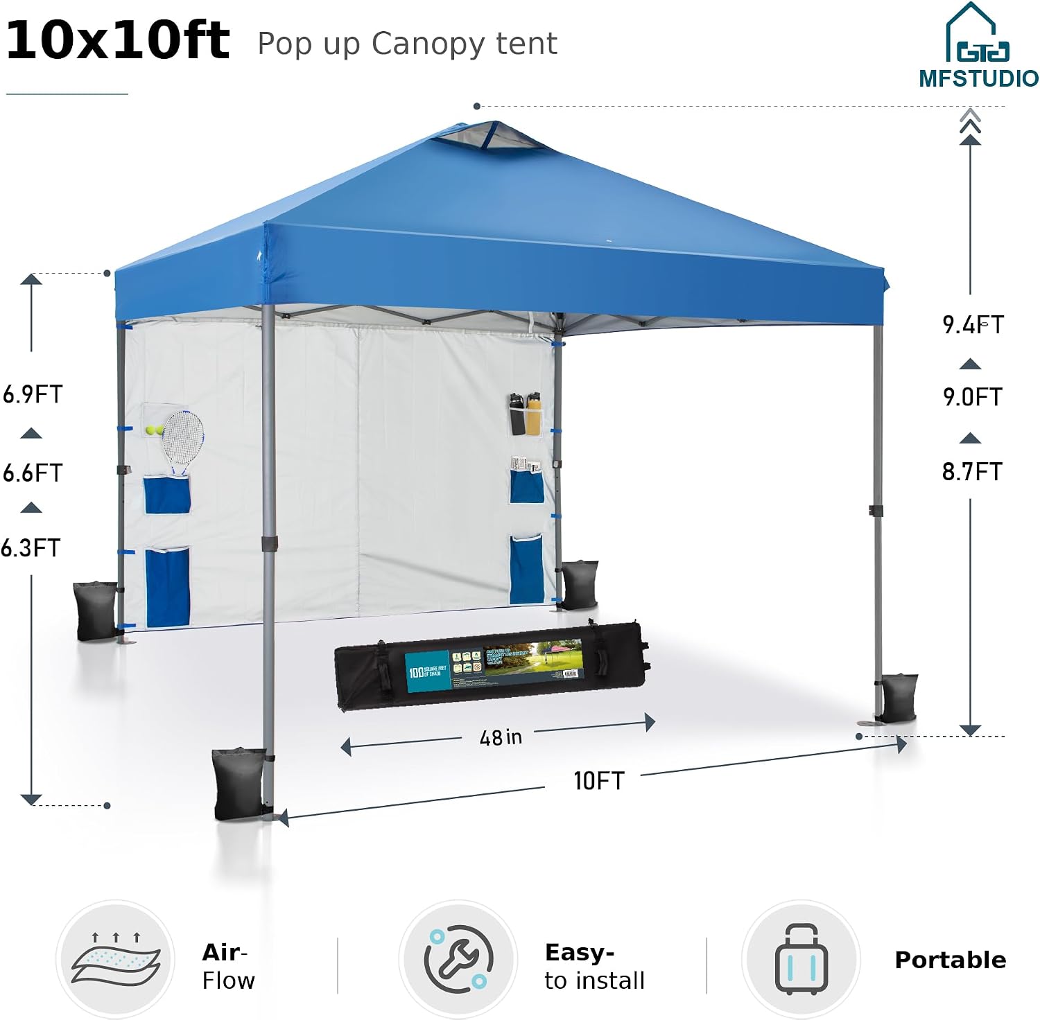 MFSTUDIO 10x10 Pop up Canopy Tent, Gazebo Shelter Sun Shade Canopies One Push Setup Portable Popup Tents with Vented Top,1 Storage Sidewall,4 Sandbags,for Beach,Parties,Camping