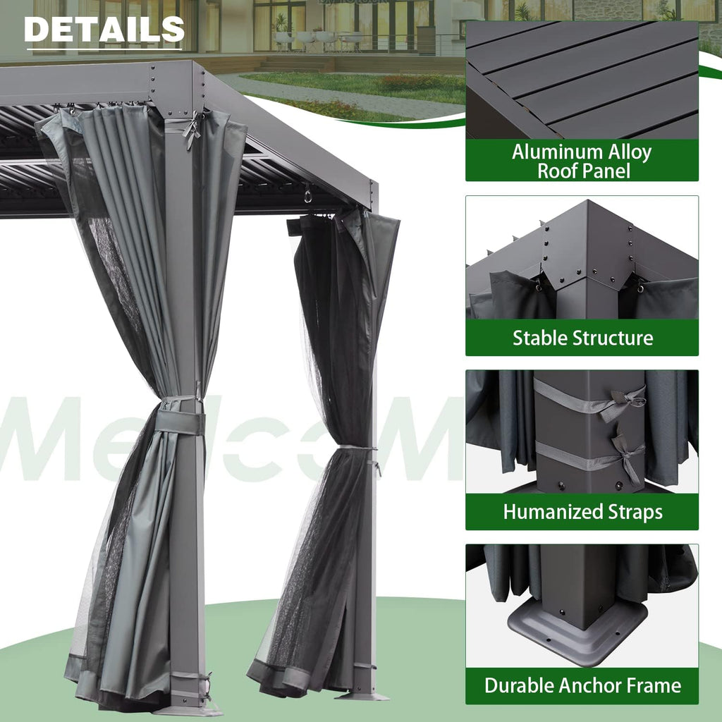 MELLCOM Aluminum Louvered Pergola - 10x20 with Adjustable Roof, Waterproof Curtains and Nets, Gray