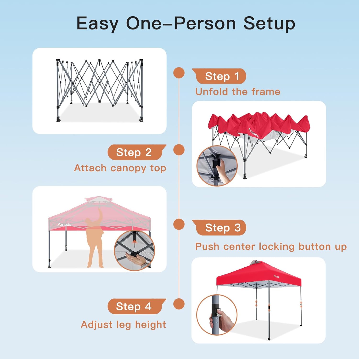 Amada 10x10 Pop Up Canopy - Center Lock One Push Instant Setup Wheeled Gazebo Outdoor Canopy Beach Tent with STO-N-Go Bag 8 Stakes & 4 Sand Bags, 3-Height Adjustable Shade Shelter (10x10ft, Red)
