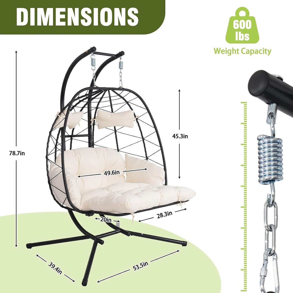 Double Outdoor Egg Chair with Stand, 2 Person Hanging Egg Chair with Adjustable Footrest Outdoor Indoor, Oversized Wicker Egg Swing Chair with Thickened Cushions (Black-White with Light)