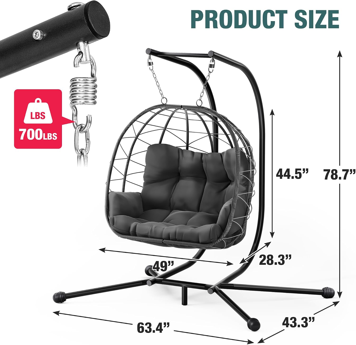 Pamapic Double Egg Chair wth Stand, 700 LBS Loveseat Rattan Swing Chair, UV Resistant Cushions with Armrests and Headrest, Thick Steel Frame Hammock Swing for Outdoor, Patio, Indoor(Grey)
