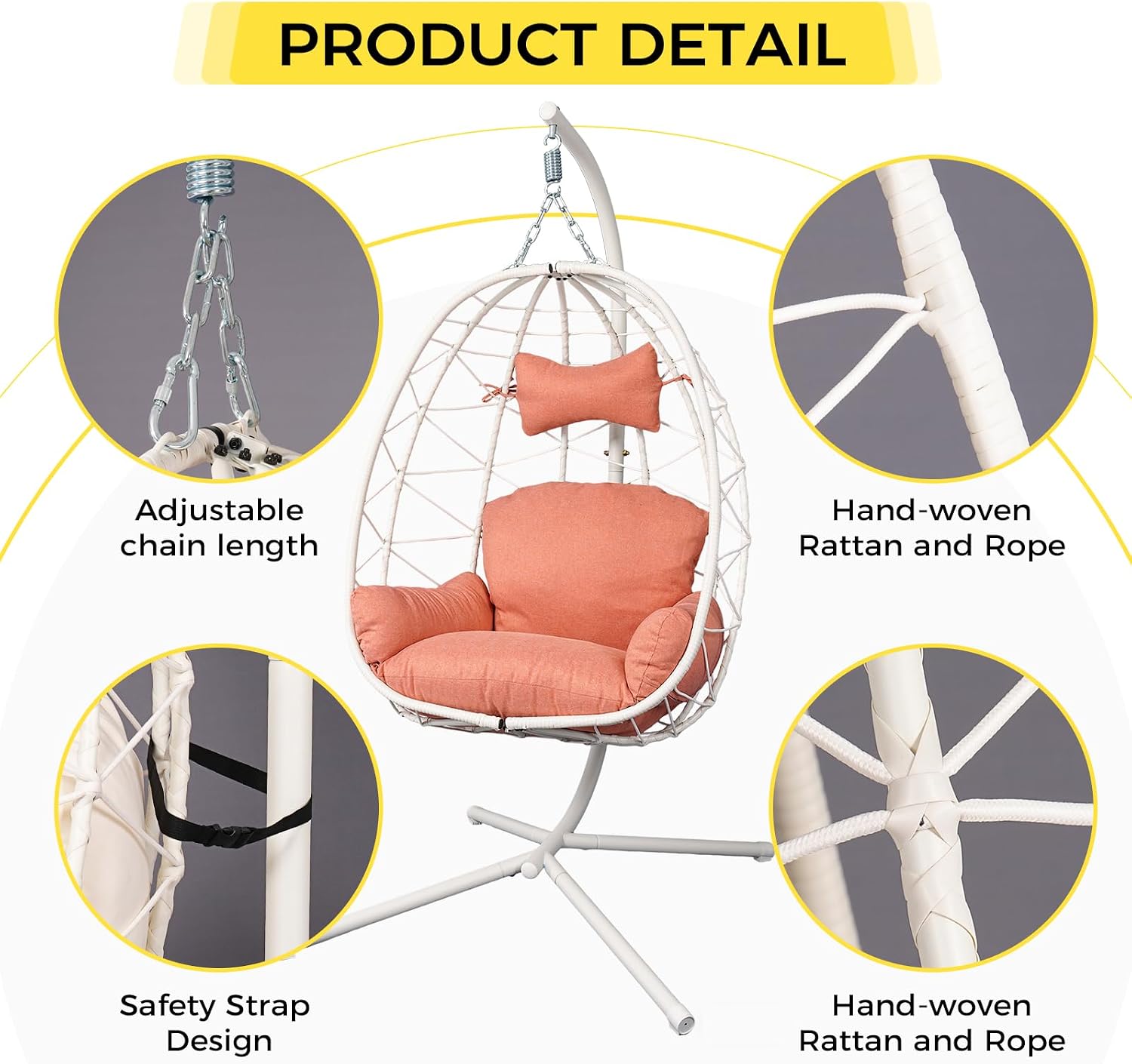 Egg Chair with Stand, Wicker Hanging Chair for Outdoor Patio, Cushioned Hammock Swing for Bedroom Garden Indoor/Outdoor, Double-Zipper Structure Hanging Egg Chair (White and Orange-red)