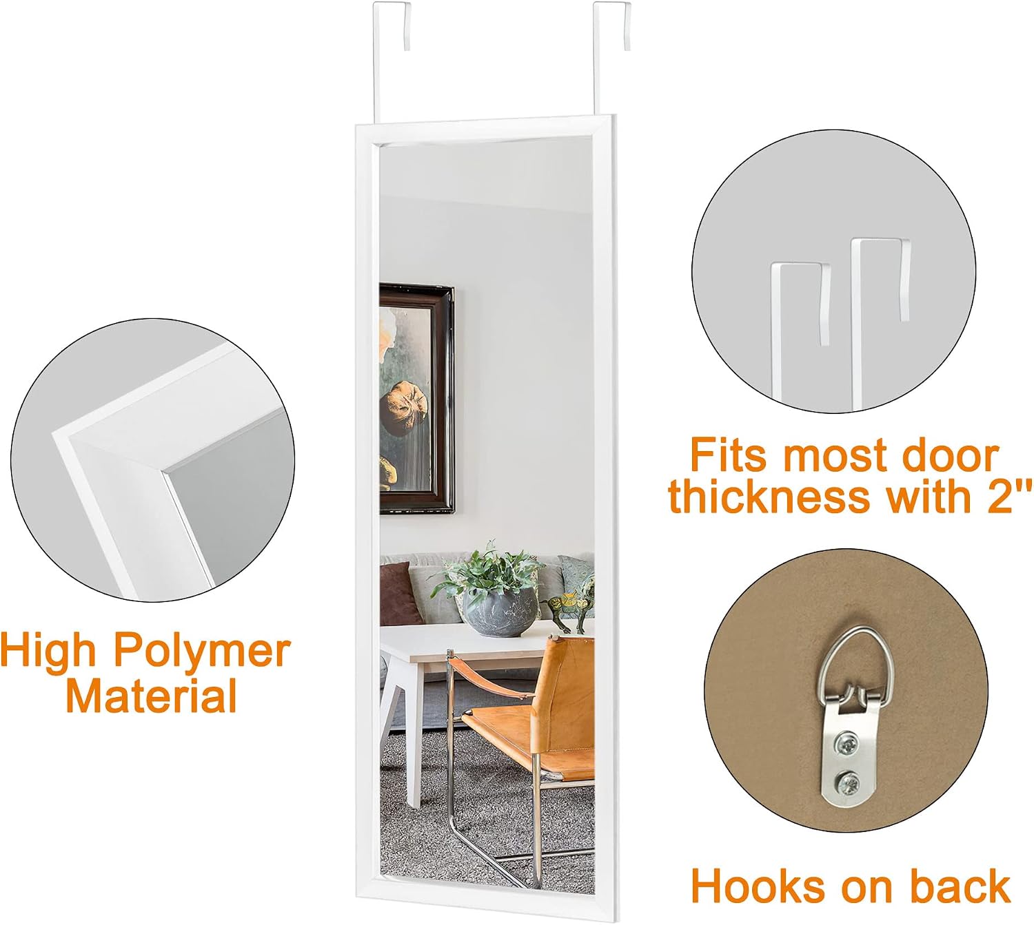 NeuType 47'x18' Over The Door Full Length Mirror, Wall Mount, White
