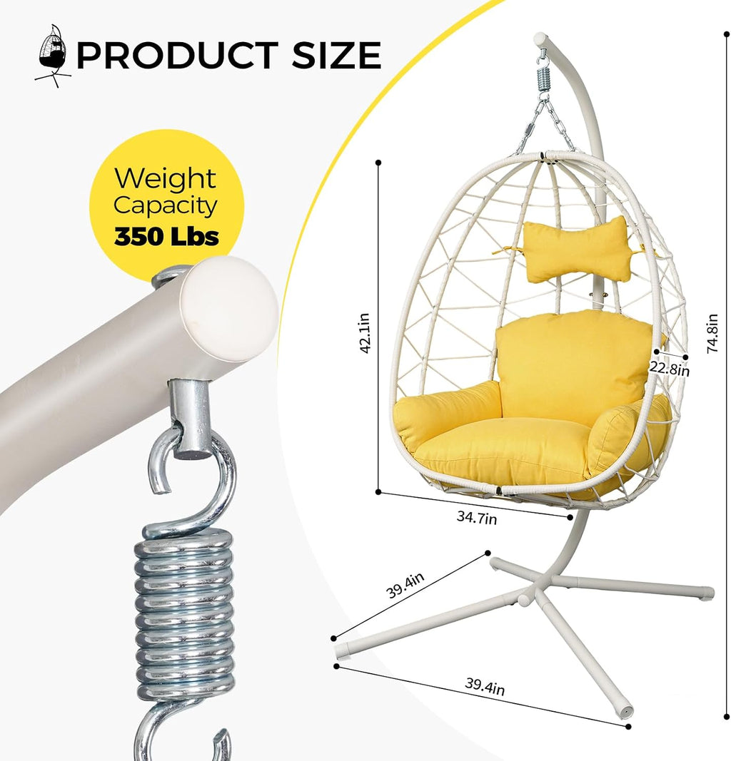 Egg Chair with Stand, Wicker Hanging Chair for Outdoor Patio, Cushioned Hammock Swing for Bedroom Garden Indoor/Outdoor, Double-Zipper Structure Hanging Egg Chair (White and Yellow)