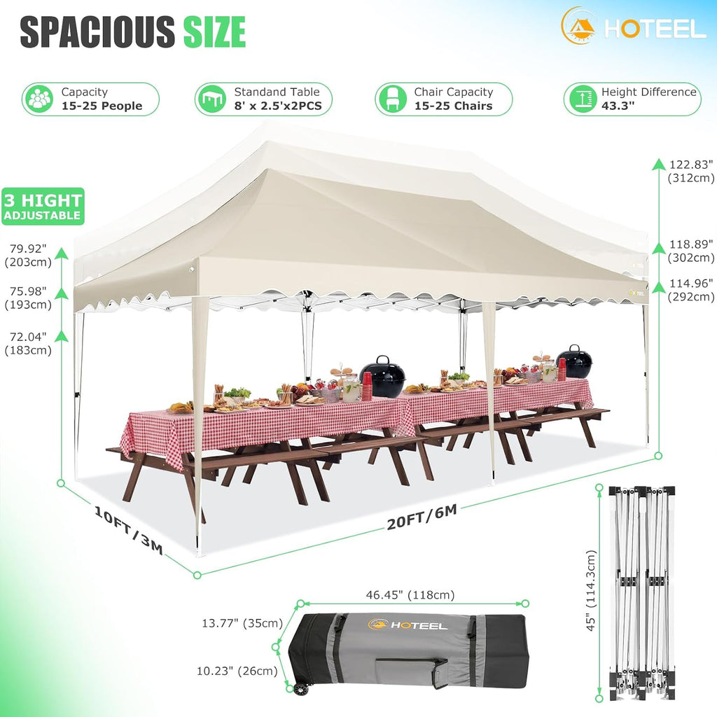 HOTEEL 10x20 Pop up Canopy Tent Without Sidewall Easy Up Commercial Outdoor Wedding Party Tents for Parties All Season Wind & Waterproof Gazebo Roller Bag, Khaki