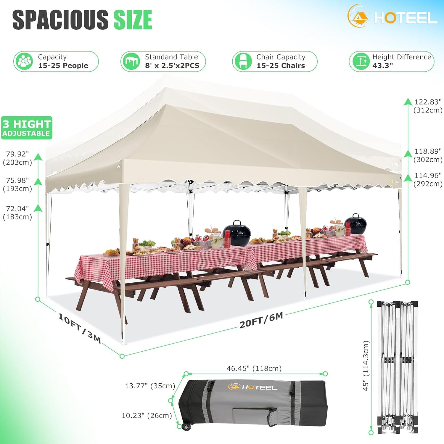 HOTEEL 10x20 Pop up Canopy Tent Without Sidewall Easy Up Commercial Outdoor Wedding Party Tents for Parties All Season Wind & Waterproof Gazebo Roller Bag, Khaki