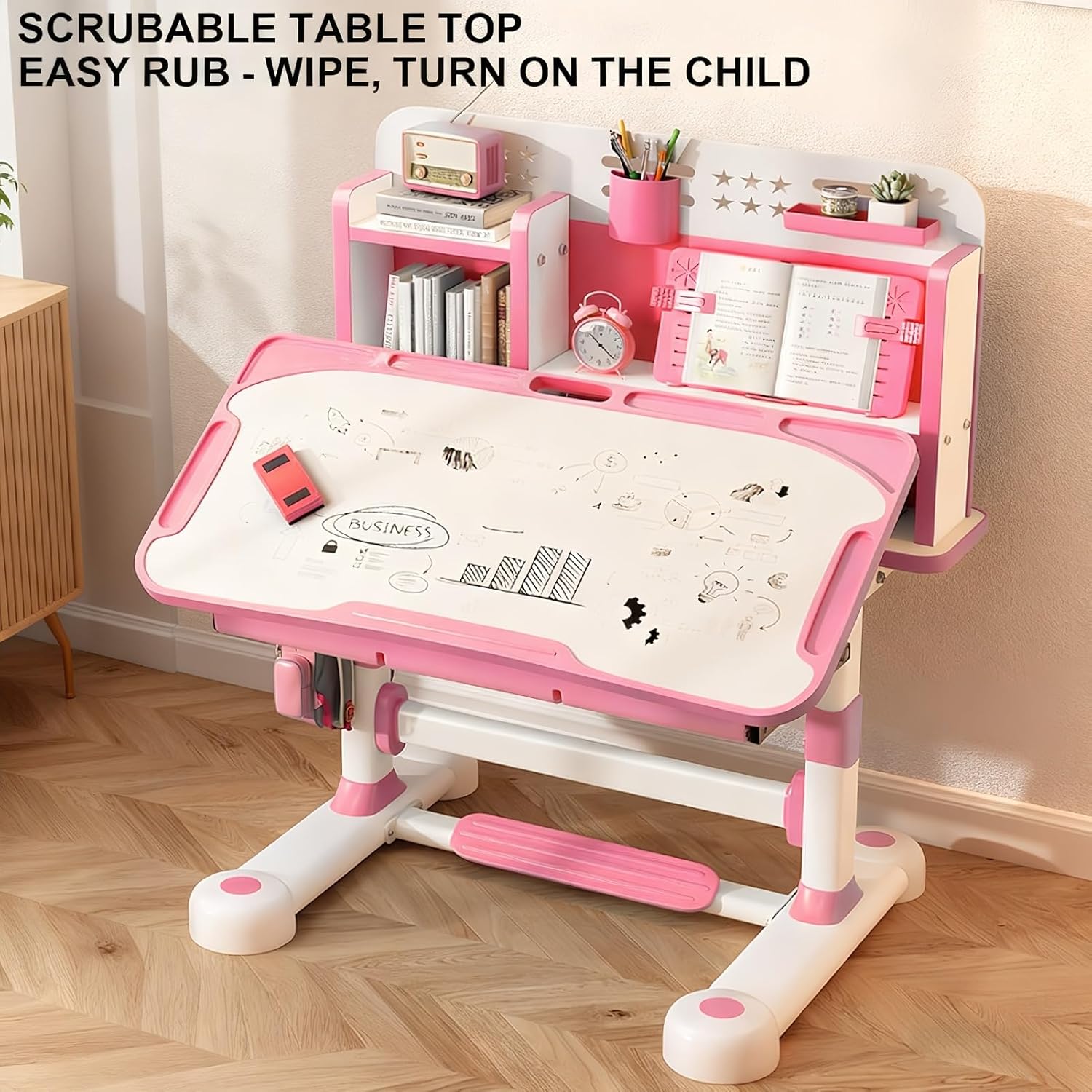 Kids Desk and Chair Set, Ergonomic Height Adjustable Kids Desk with Cartoon Pattern, Widened and Tilt Desktop, Book Stand, Steel Hook and Storage Drawer for Boys & Girls 3+ (Pink 1)