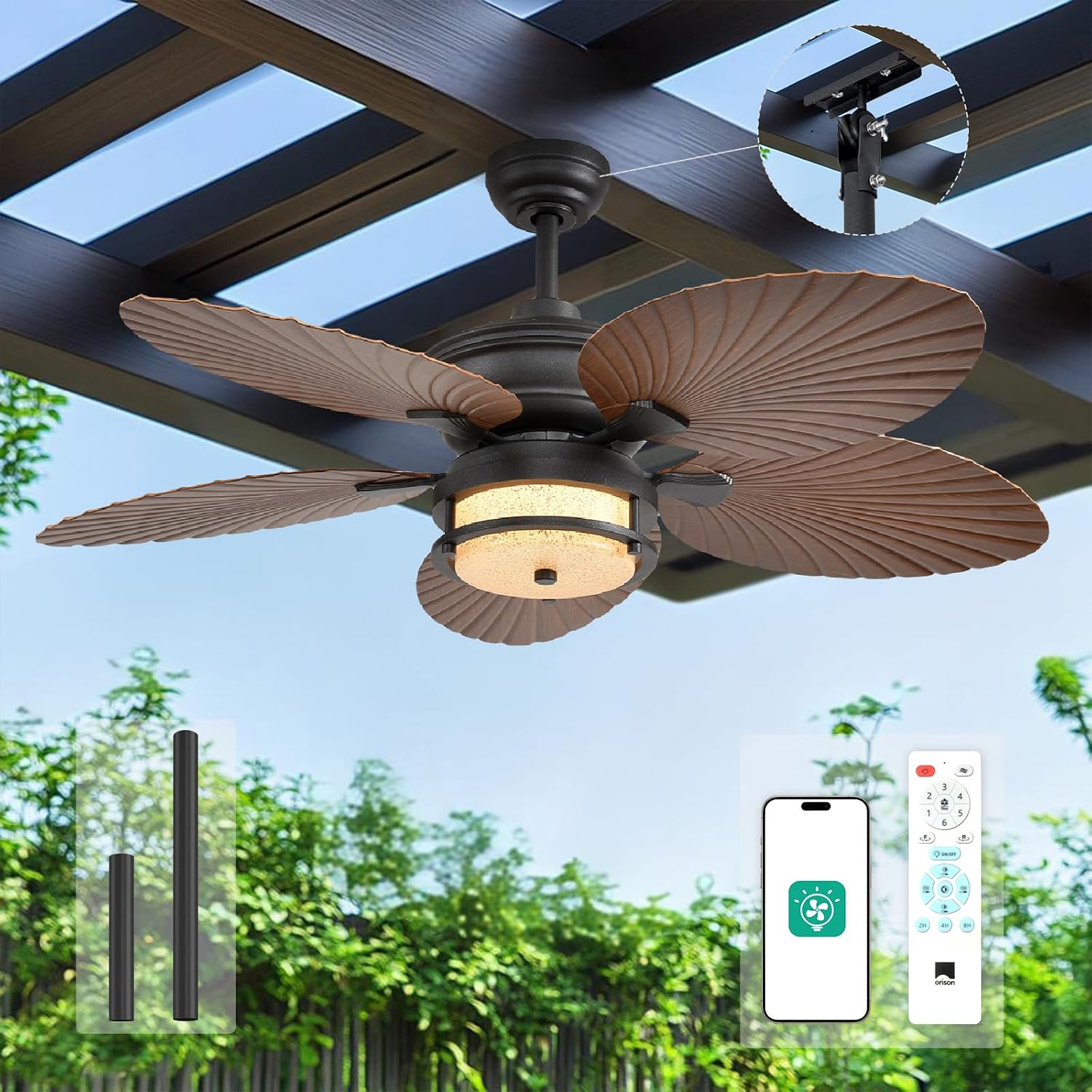 Orison 52'' Outdoor Ceiling Fan with Lights, Tropical Palm Leaf Fan, Wet Rated for Patio, Porch & Gazebo, Dimmable LED, 6-Speed, Remote & App Control, Plug-in/Flush Mount, Bronze