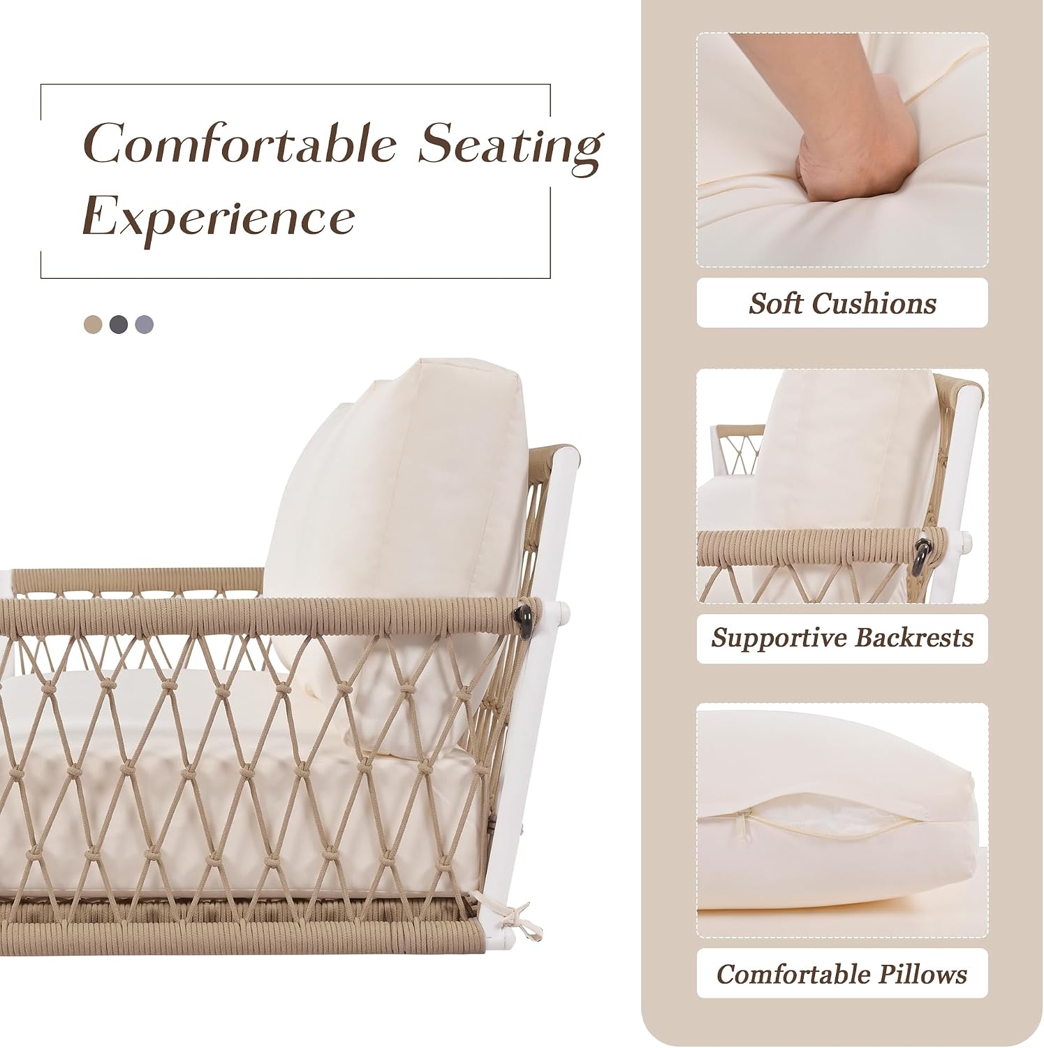 LUMISOL 2-Person Outdoor Porch Swing, 51.6' Woven Rope Swing Bench with Soft Cushions, Patio Hanging Chair for Balcony Porch Garden, Beige