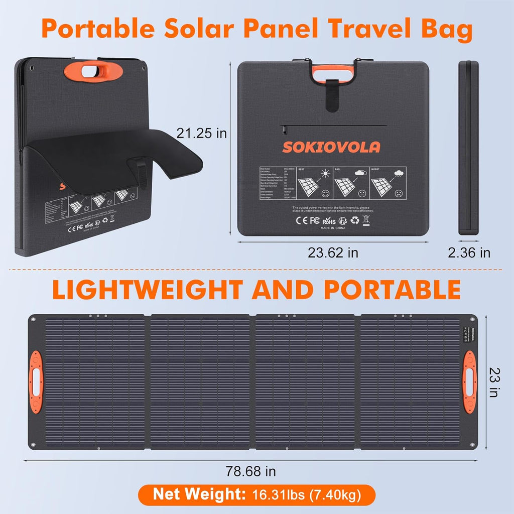 SOKIOVOLA N-Type 16BB 200W Portable Solar Panel for EF/Jackery/Bluetti/Anker Power Station Foldable Solar Panel 25% High Efficiency IP68 Waterproof for Outdoor Trip RV Camping Blackout Off Grid