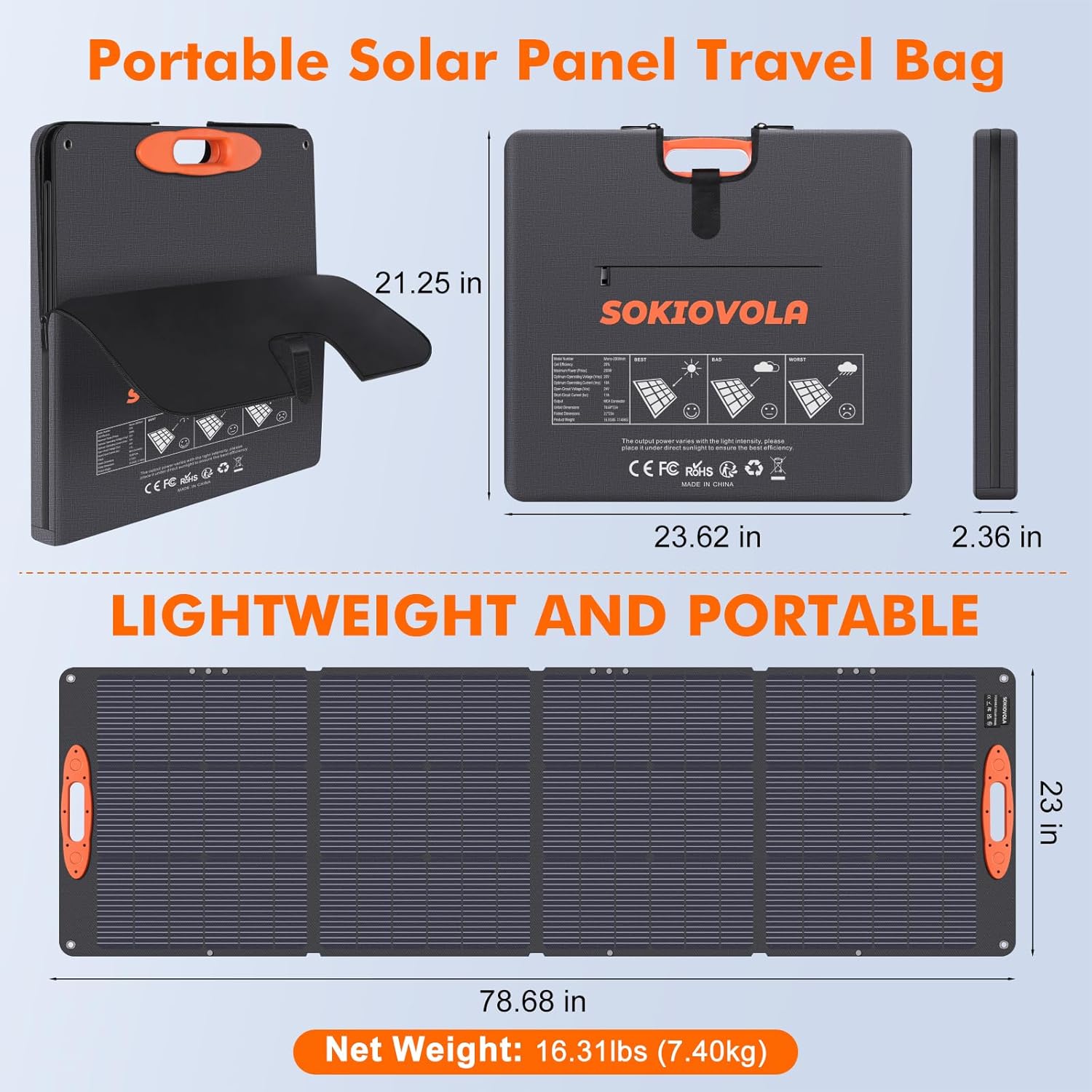 SOKIOVOLA N-Type 16BB 200W Portable Solar Panel for EF/Jackery/Bluetti/Anker Power Station Foldable Solar Panel 25% High Efficiency IP68 Waterproof for Outdoor Trip RV Camping Blackout Off Grid