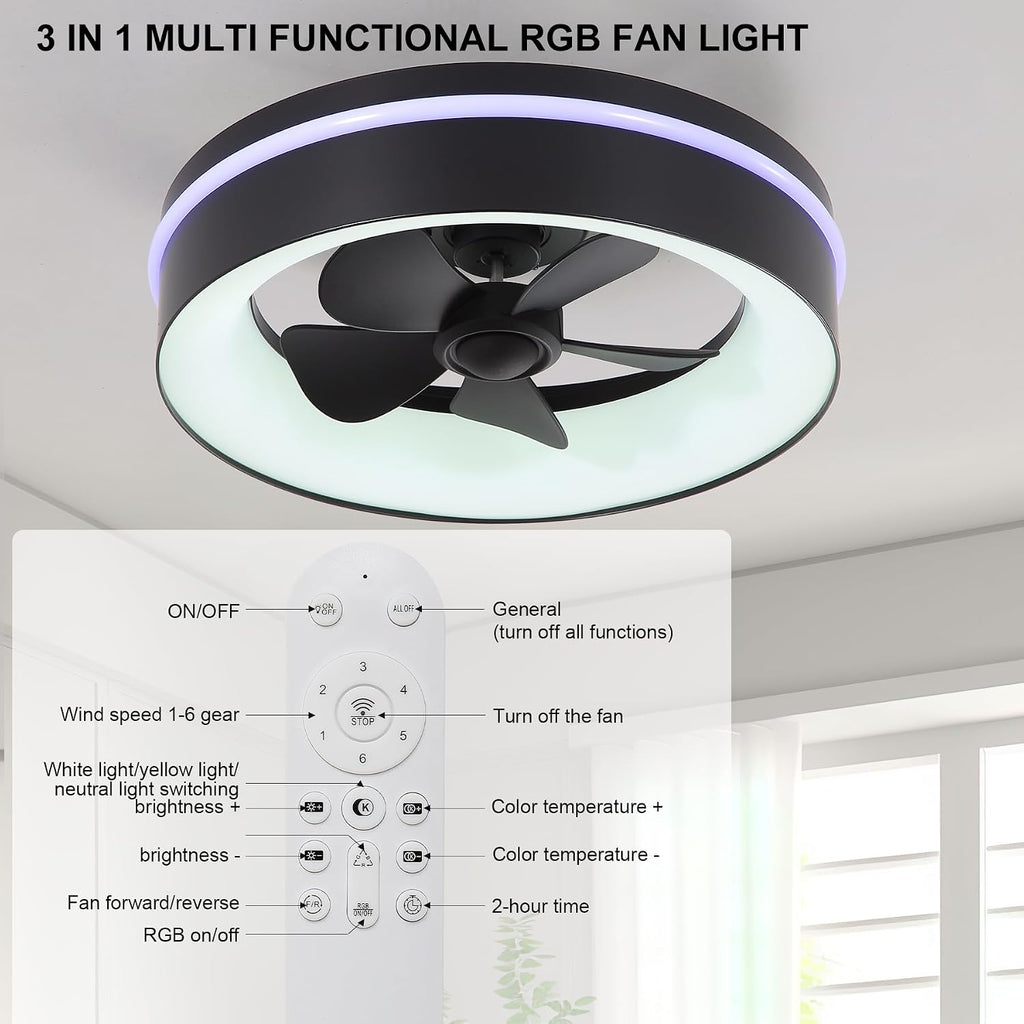 Smart Low Profle Ceiling Fans with RGB Lights Remote/APP Control, 18' Bladeless Ceiling Fans with 6 Speeds, Timer, Quiet DC Motor,for Gazabo,Game Room,Kids Bedroom,Living Room,Home Office