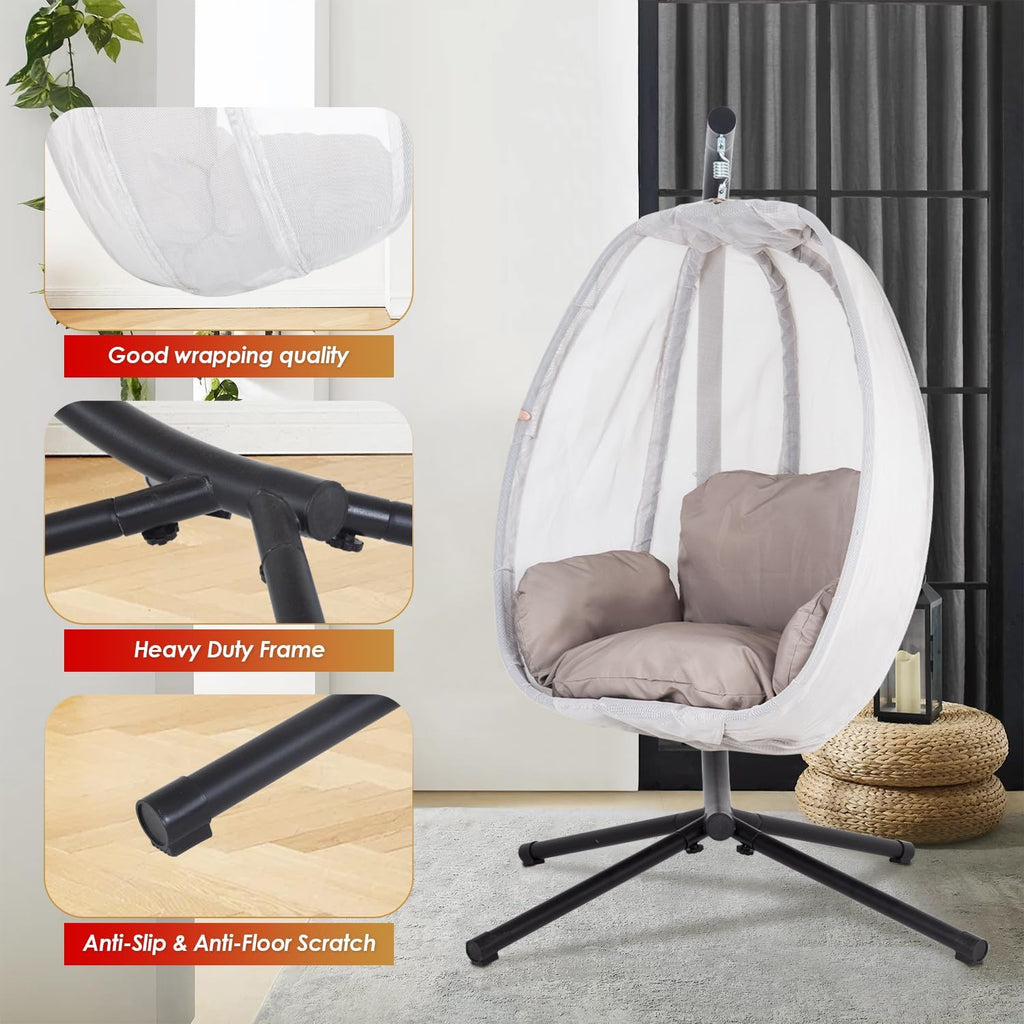 Egg Chair with Comfy Cushions Indoor Outdoor Hanging Chair Sturdy Heavy Duty Hammock Chair with Stand Cushions Breathable Fabric Cover for Patio Bedroom Garden Poolside, Grey