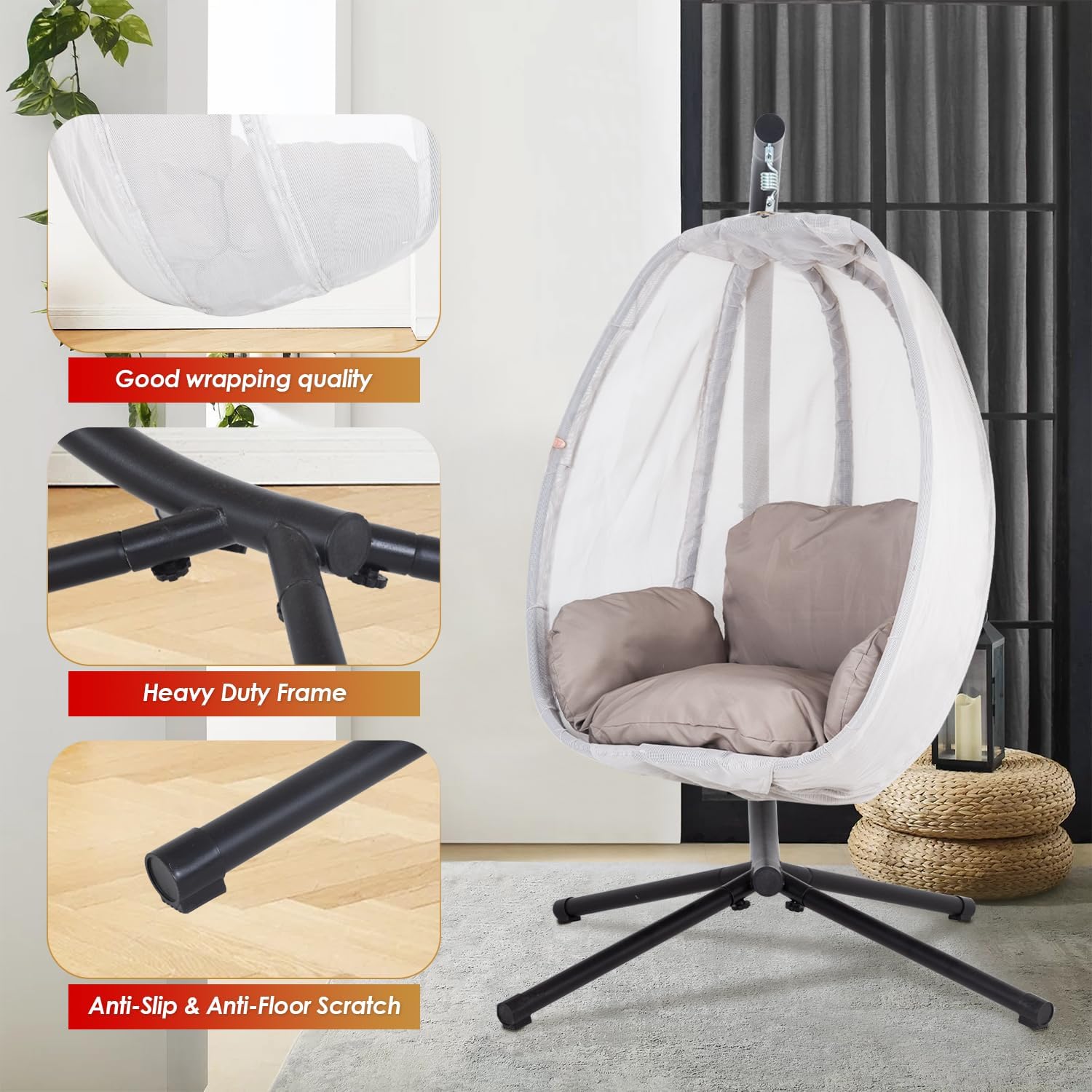 Egg Chair with Comfy Cushions Indoor Outdoor Hanging Chair Sturdy Heavy Duty Hammock Chair with Stand Cushions Breathable Fabric Cover for Patio Bedroom Garden Poolside, Grey