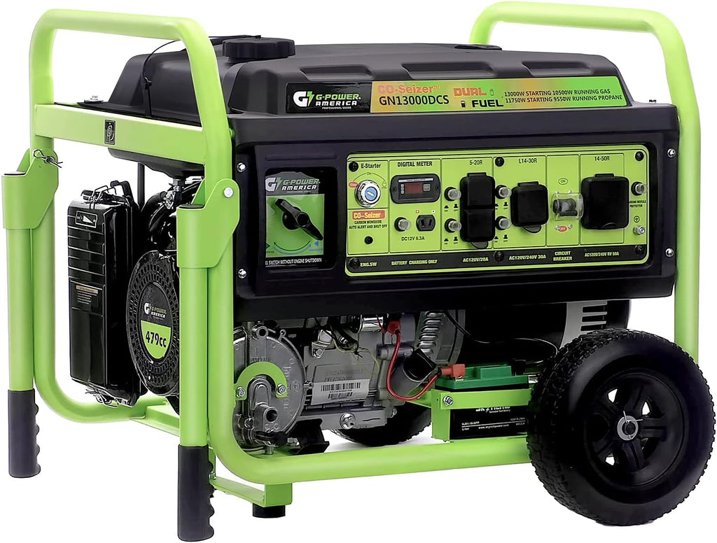 Green-Power America Dual Fuel Portable Generator 13000 Watt,Gas or Propane Powered,Electrical/Recoil Start, Equipped with CO-Seizer CO Protection System