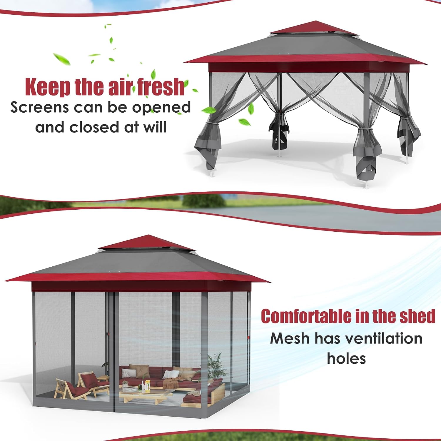Arlopu Pop Up Gazebo Tent, Outdoor Instant Canopy, Easy Set-up Folding Shelter with Netting, Metal Frame, Screened House Shade Vented for Patio, Lawn, Party, Backyard, Garden (Burgundy, 13FT×13FT)