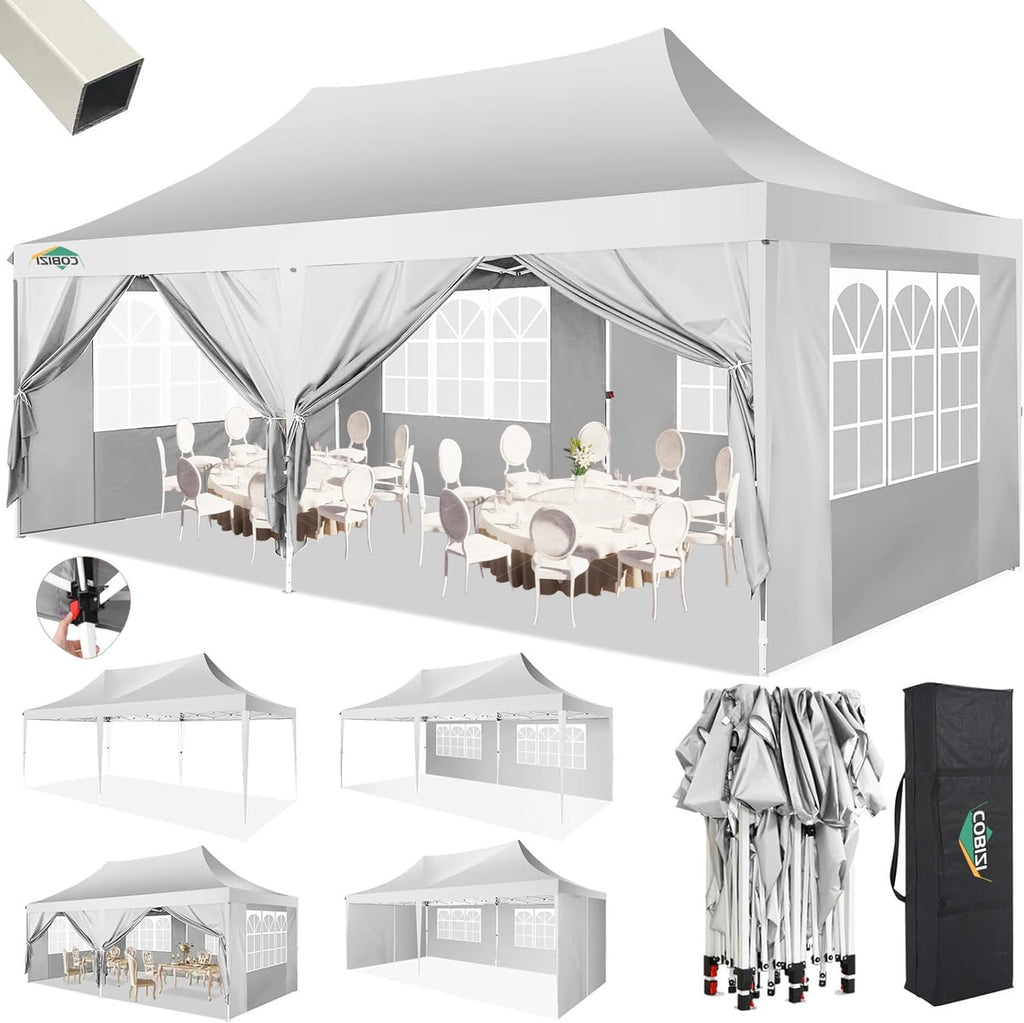 COBIZI 10x20 Pop Up Canopy with 6 Sidewalls,10x20 Canopy Tent Frame Upgraded with 3 Adjustable Heights,Waterproof UV50+ Outdoor Party Commercial Ez Up Gazebos with Carry Bag(10 x 20 ft White)