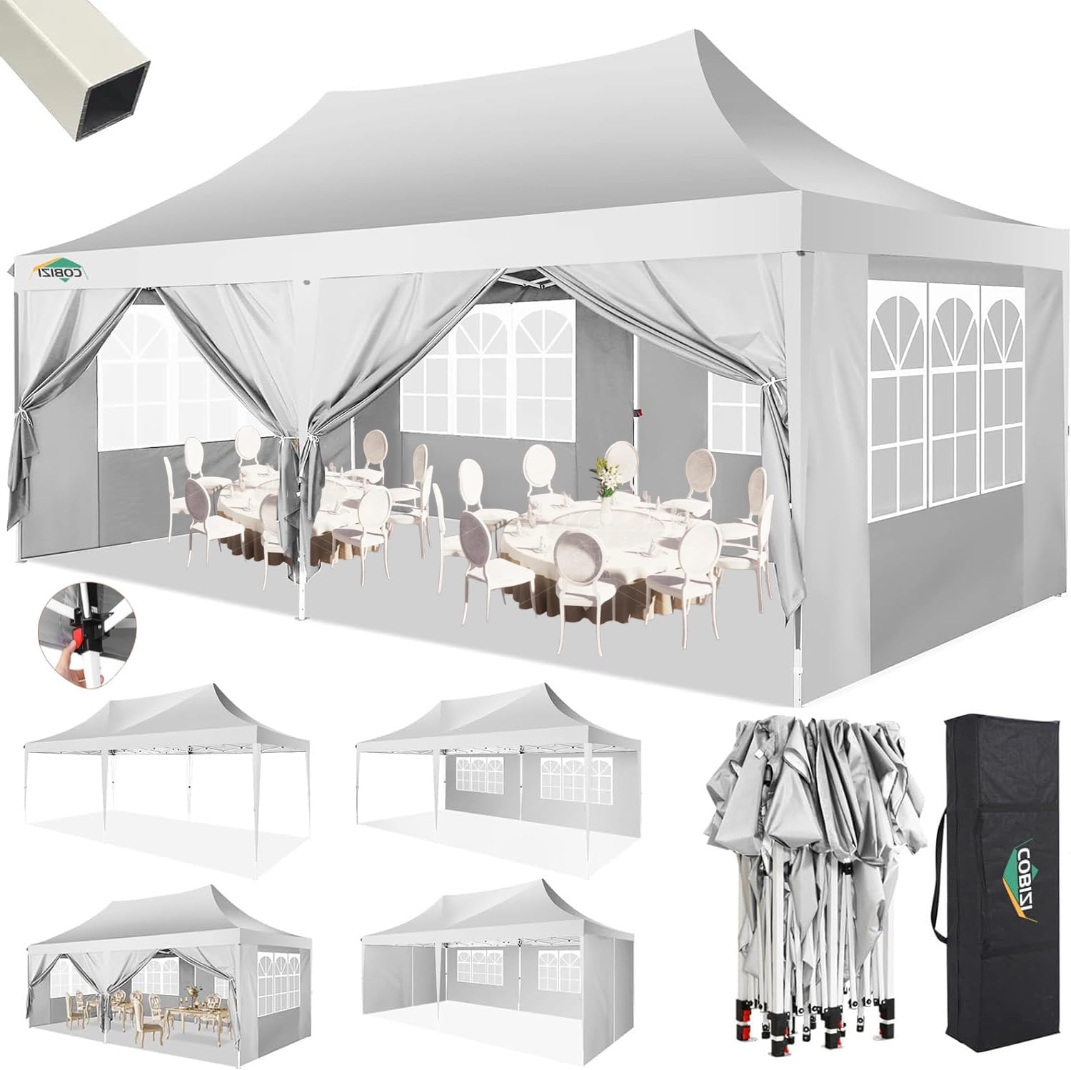 COBIZI 10x20 Pop Up Canopy with 6 Sidewalls,10x20 Canopy Tent Frame Upgraded with 3 Adjustable Heights,Waterproof UV50+ Outdoor Party Commercial Ez Up Gazebos with Carry Bag(10 x 20 ft White)