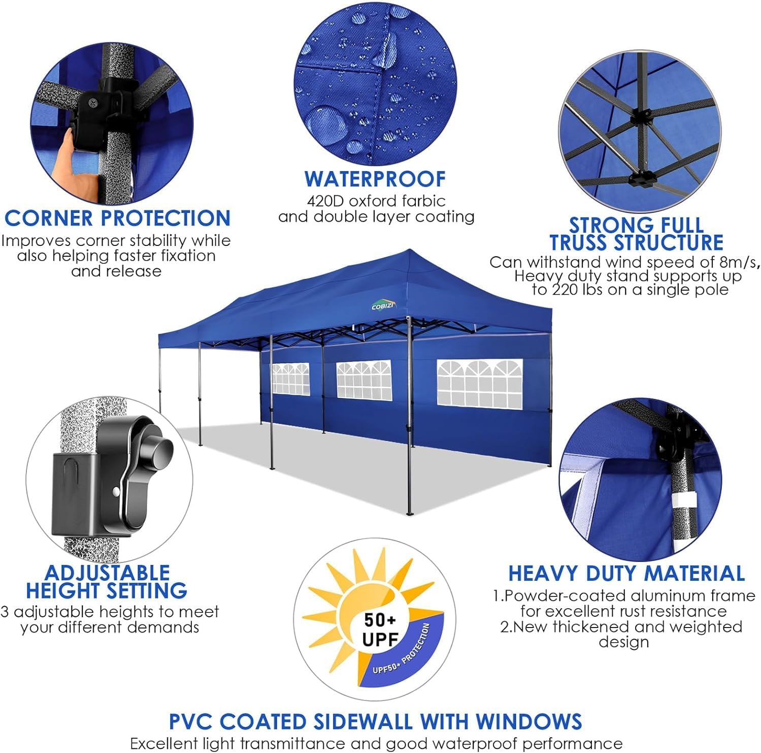 COBIZI 10x30 Pop up Canopy with 8 Removeable Sidewalls, Heavy Duty Party Tents for Parties, Events and Weddings, UPF 50+ Waterproof Commercial Tent with Roller Bag, Dark Blue (Windproof Upgraded)
