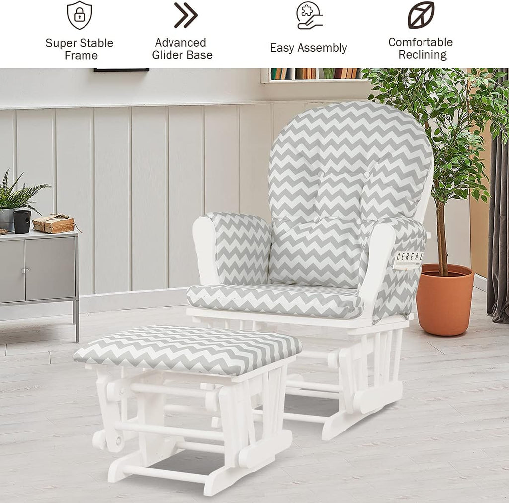 Costzon Nursery Glider with Ottoman, Upholstered Comfort Glider Rocker with Padded Cushion, Storage Pocket, Solid Wood Base, Rocking Chair Nursery for Breastfeeding, Napping (Gray and White)