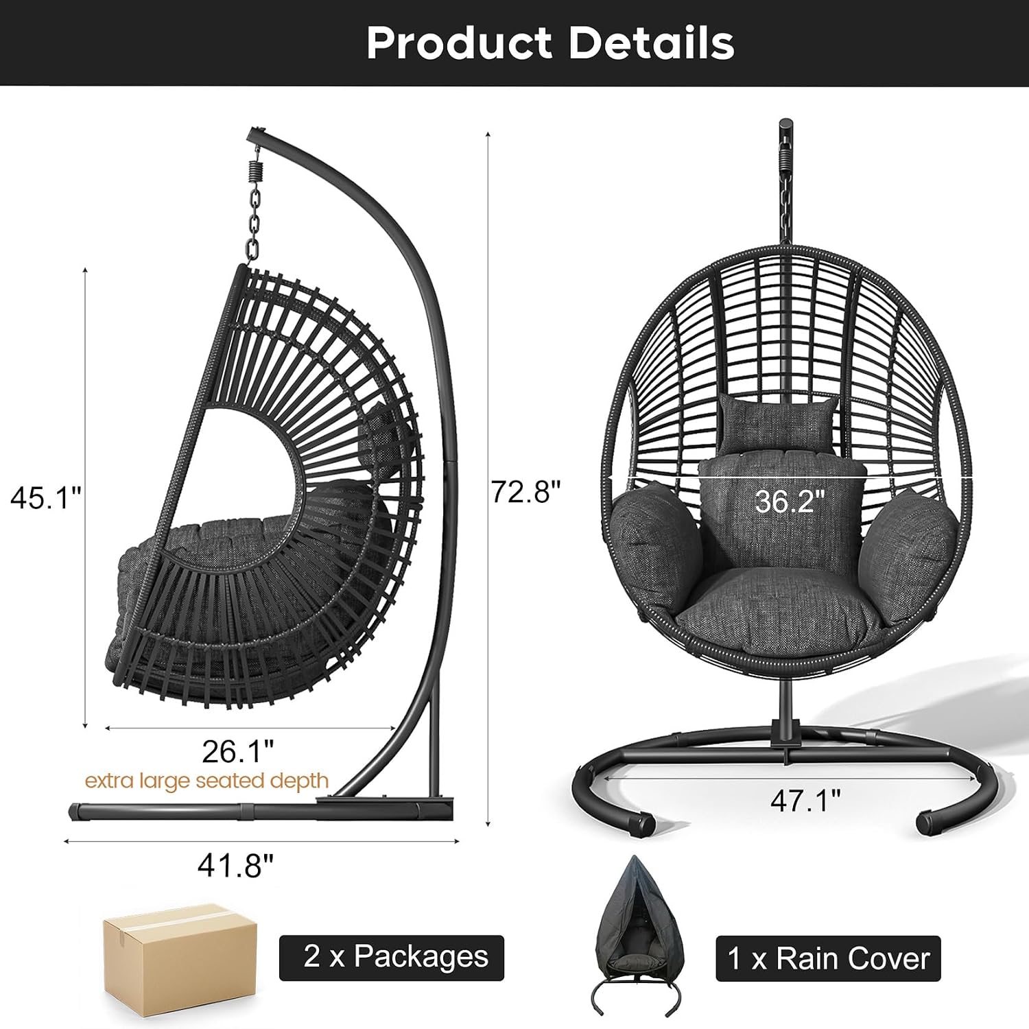 Hanging Egg Chair with Stand, Outdoor Swing Egg Chair with Rain Cover, 400 LBS Capacity All-Weather PE Wicker Swing Chair with Waterproof Cushions